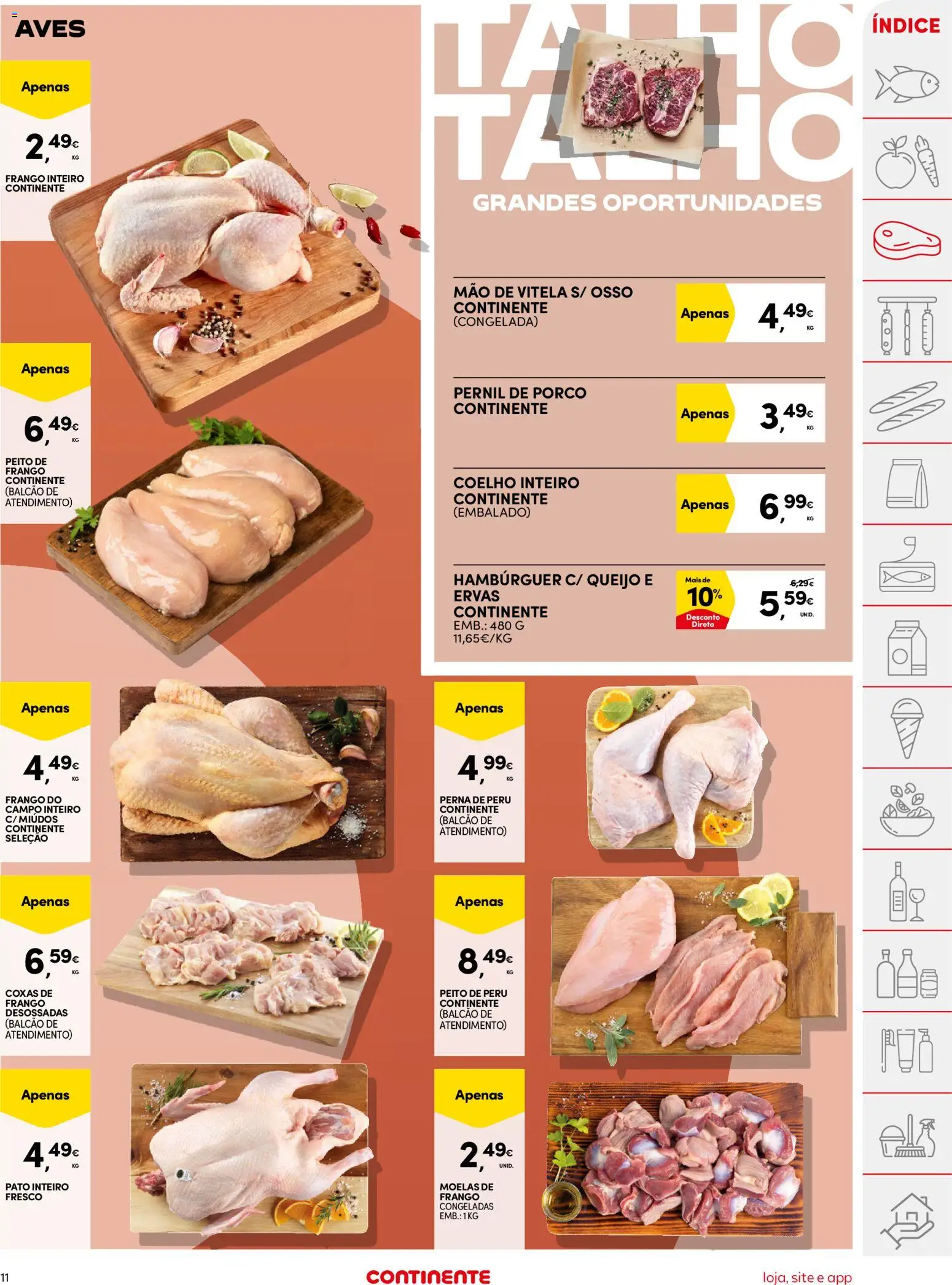 Continente folheto │ válido de 11/08/2026 | Página: 11 | Produtos: Pato, Hambúrguer, Coelho, Moelas