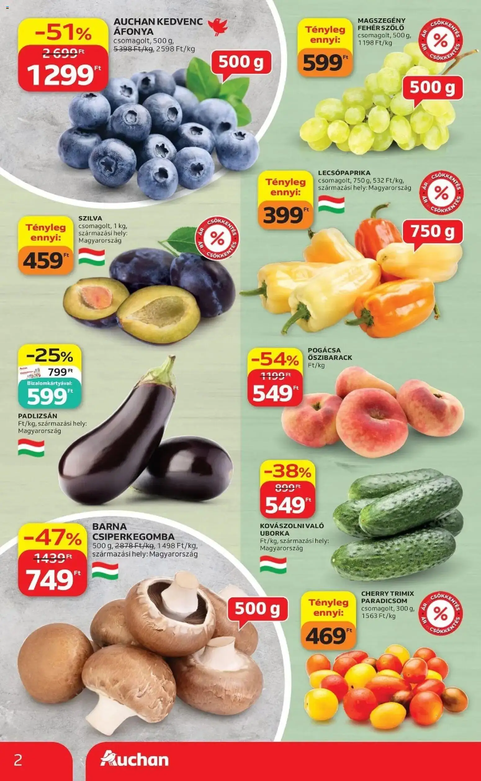 Auchan akciós újság Szolnok - 2026.08.21. -tól/töl > akció, lapozható szórólap 🛍️ | Oldal: 2 | Termékek: Őszibarack, Szőlő, Paradicsom, Pogácsa