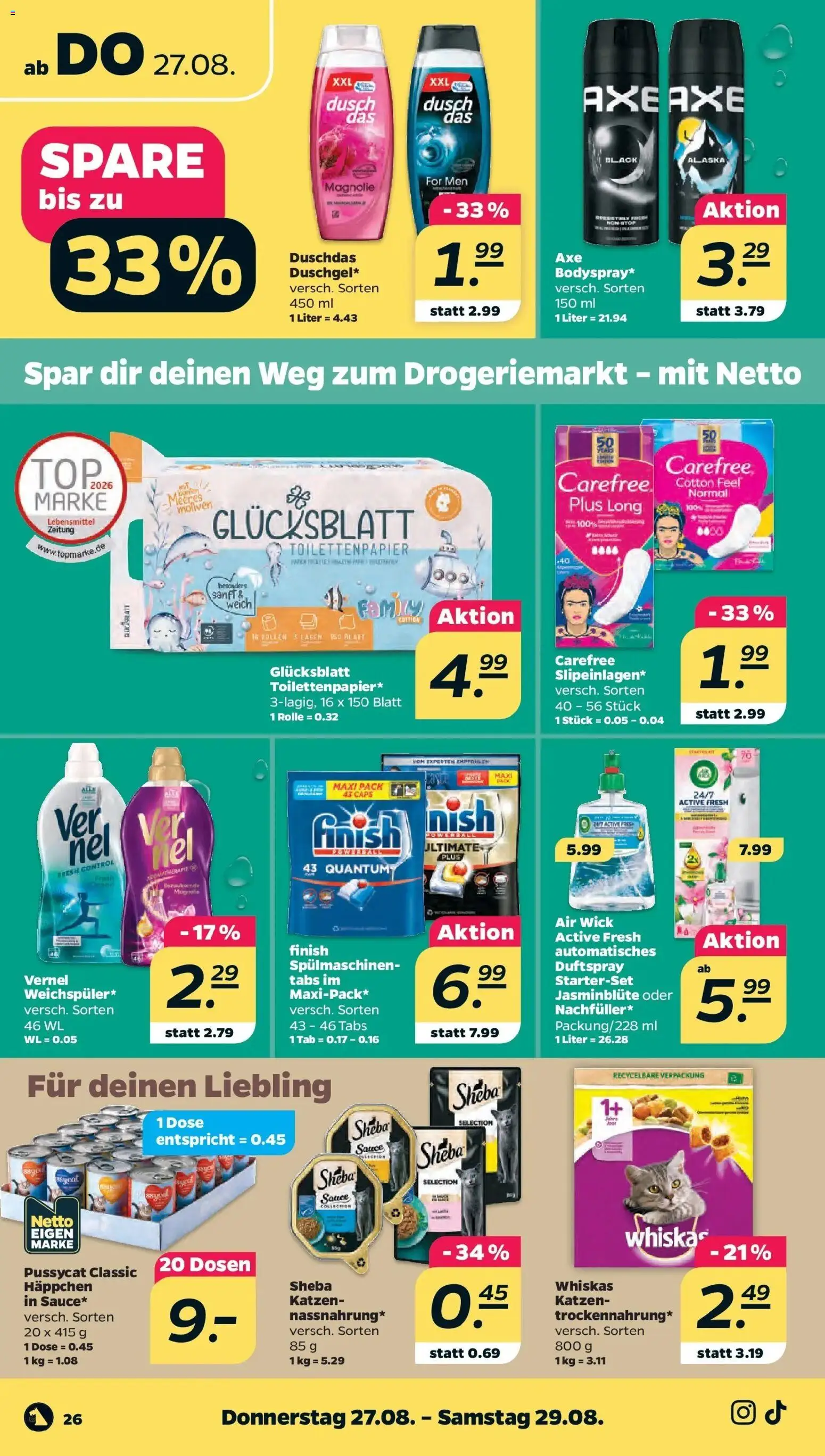 Netto Aktueller Prospekt ab 23.08.2026 → Angebote nächste Woche | Seite: 30 | Produkte: Duschdas, Vernel, Whiskas, Toilettenpapier