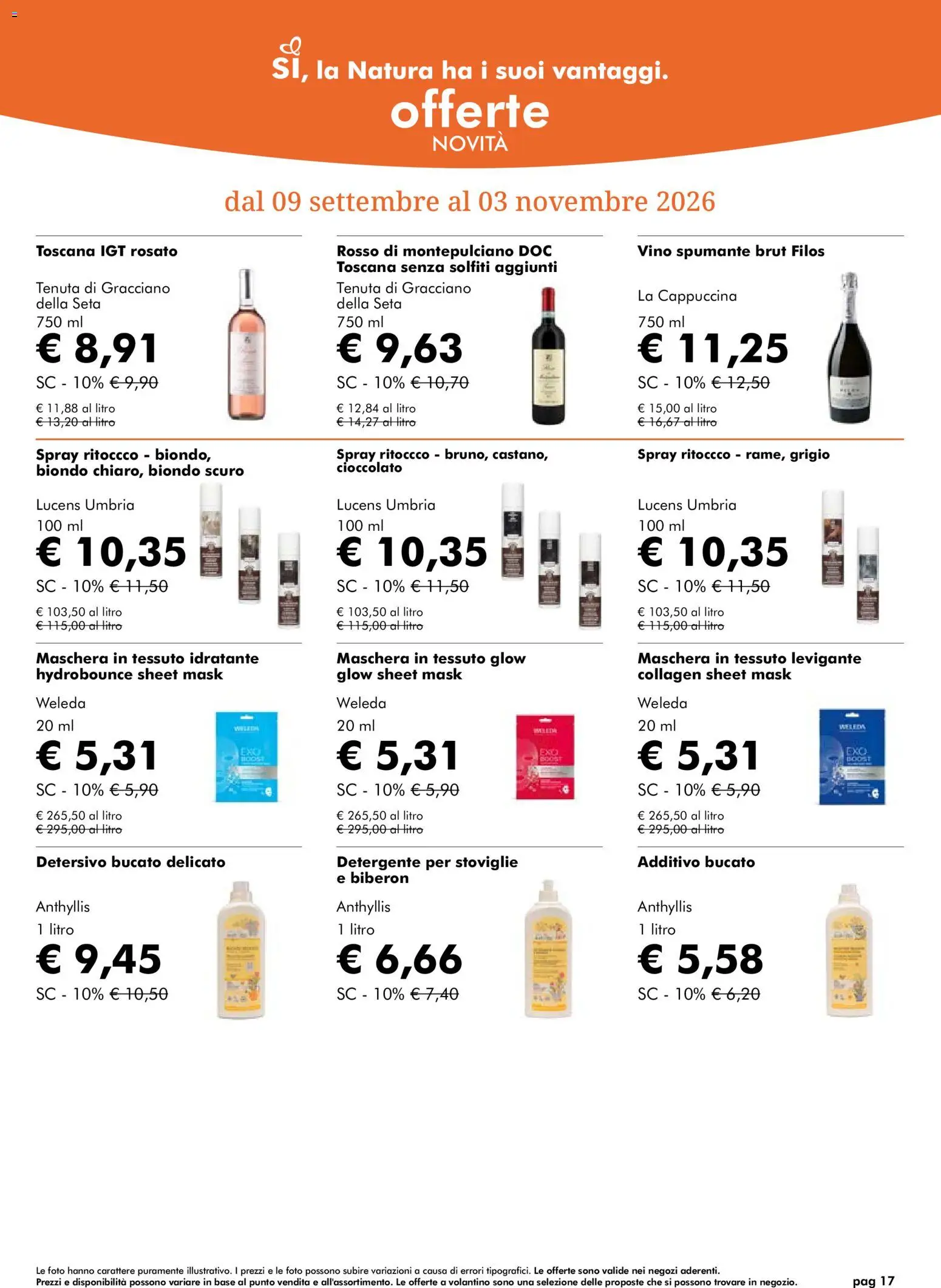 Volantino Natura Sì del 07/10/2026 | Pagina: 17 | Prodotti: Maschera, Cioccolato, Detergente, Vino