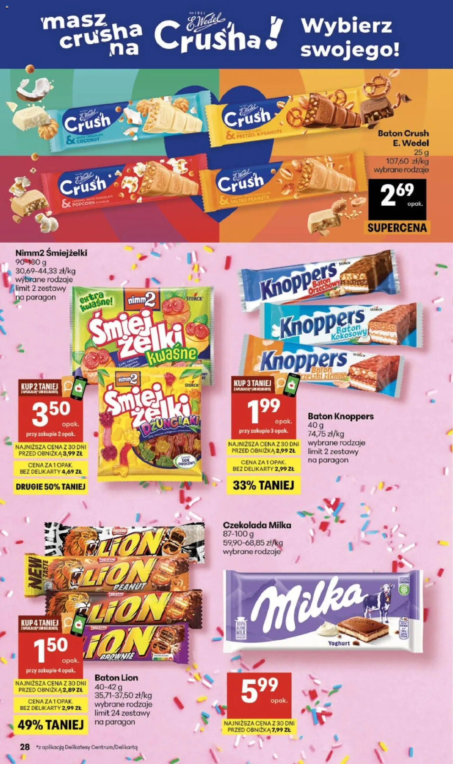 Delikatesy Centrum gazetka od 07.05.2026 | Strona: 28 | Produkty: Knoppers, Milka, Żelki, Brownie