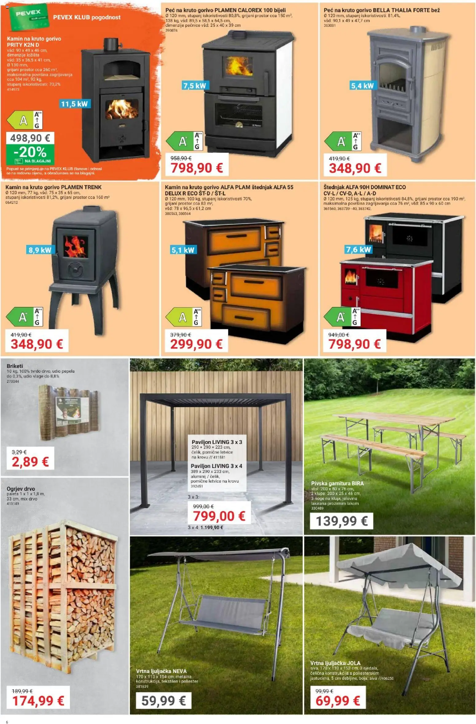 Pevex katalog | vrijedi od 17.09.2026 | Stranica: 6 | Proizvodi: Stol, Ljuljačka, Kamin, Briketi