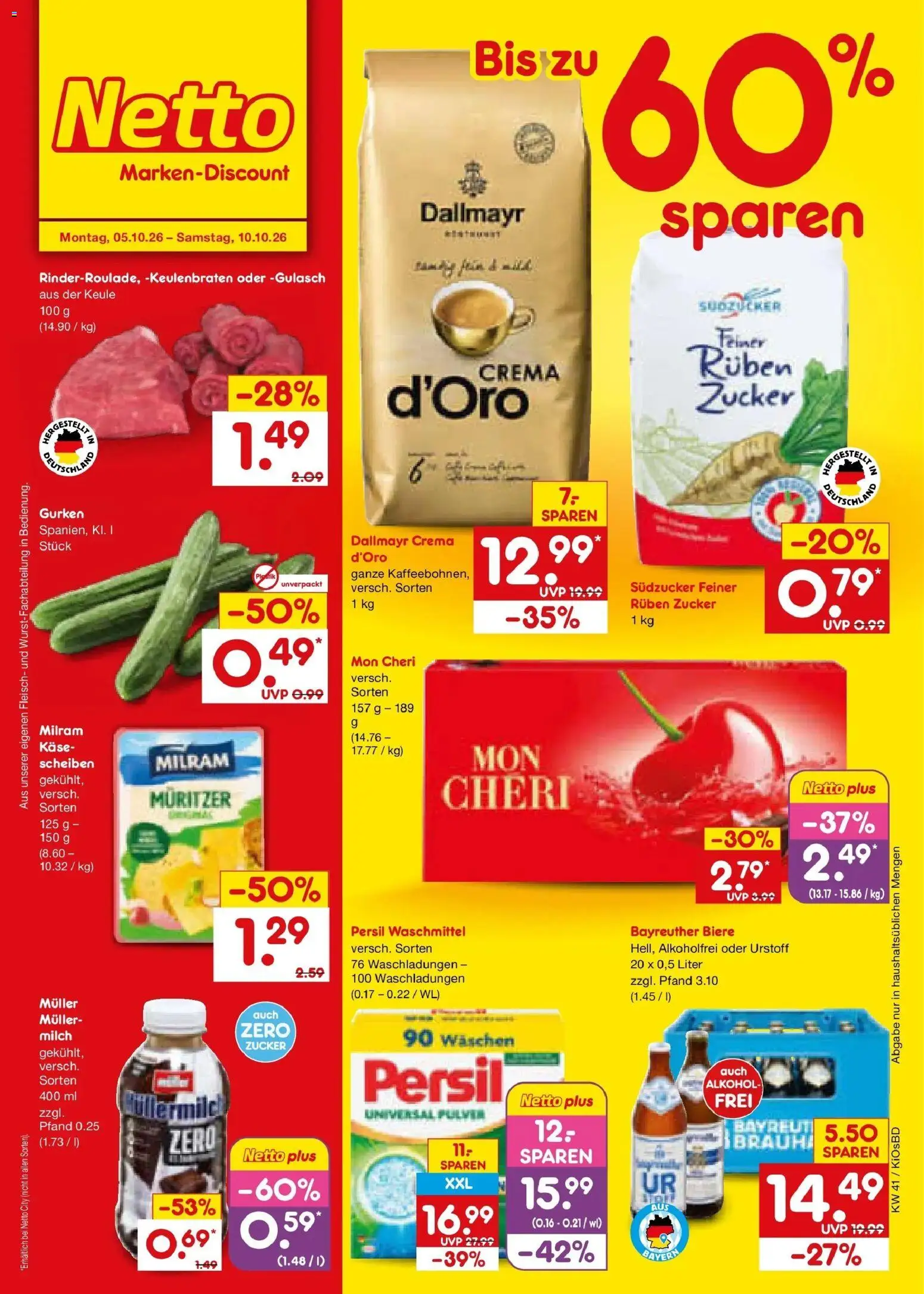 Netto Marken-Discount Prospekt Mistelbach – gültig ab 05.10.2026 | Seite: 1 | Produkte: Käse, Waschmittel, Alkohol, Zucker