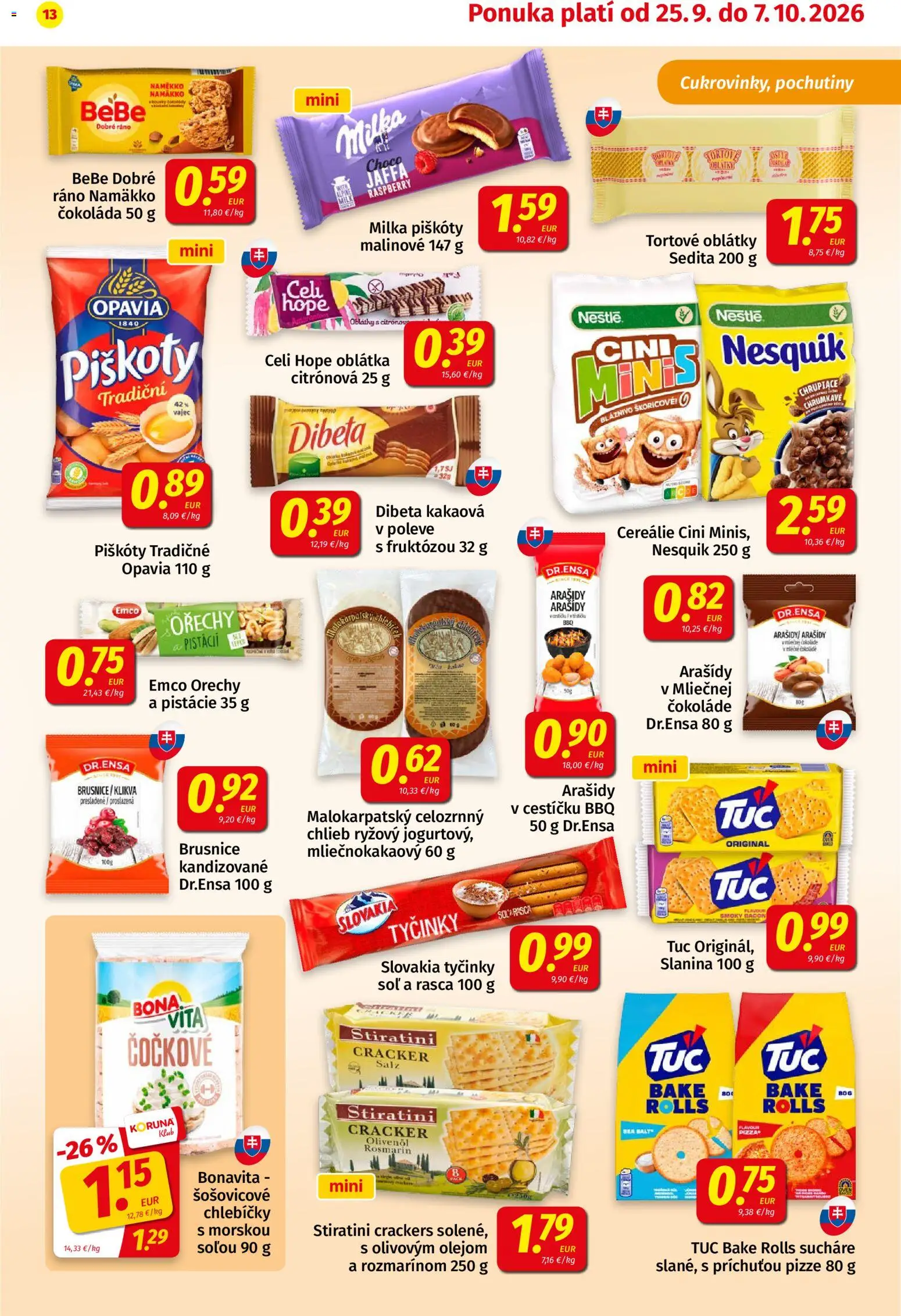Nové Koruna akcie – leták je platný od 25.09.2026 | Strana: 13 | Produkty: Sucháre, Slanina, Brusnice, Pistácie