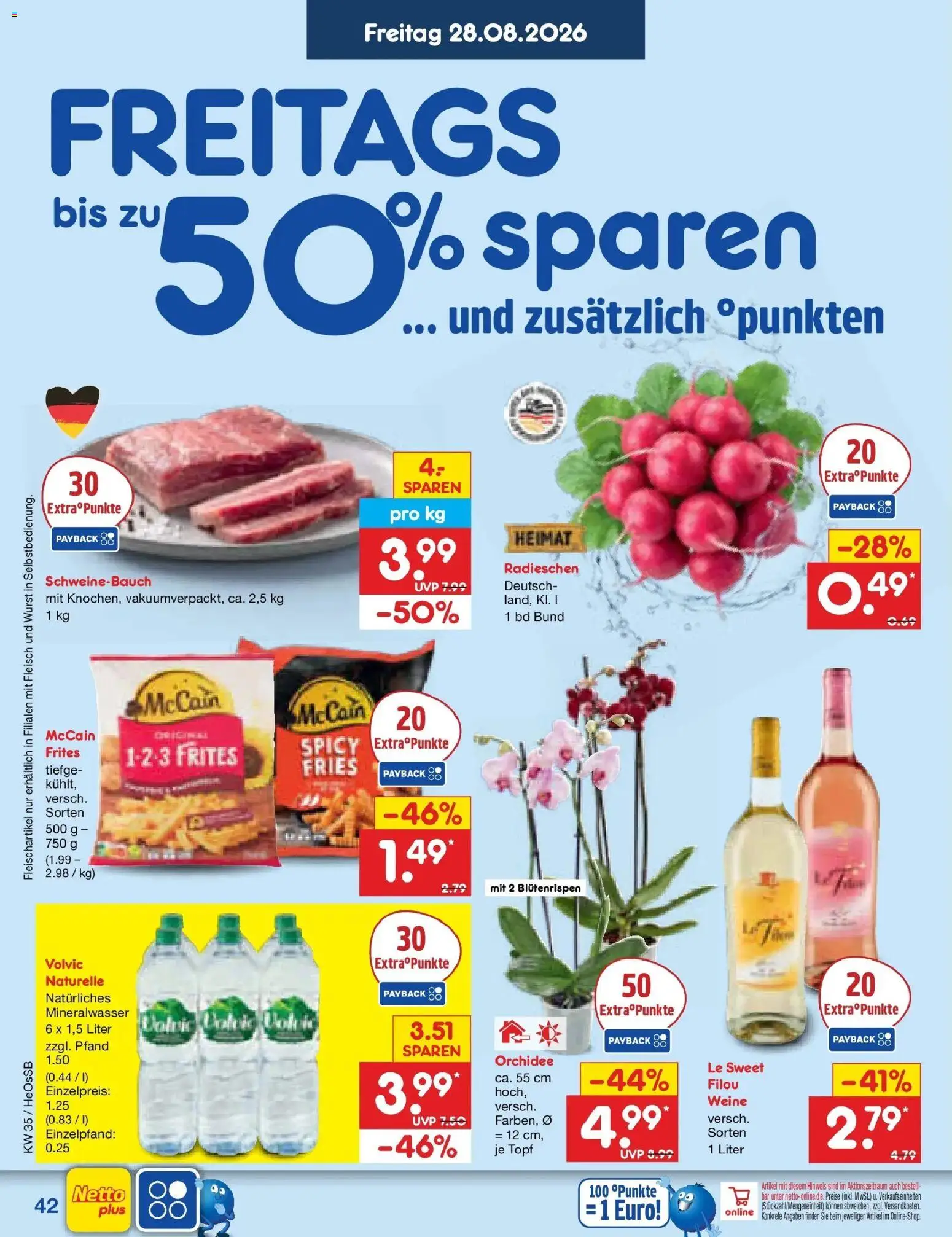 Netto Marken-Discount Prospekt Rostock – gültig ab 24.08.2026 | Seite: 54 | Produkte: Orchidee, Schweinebauch, Mineralwasser, Fleisch