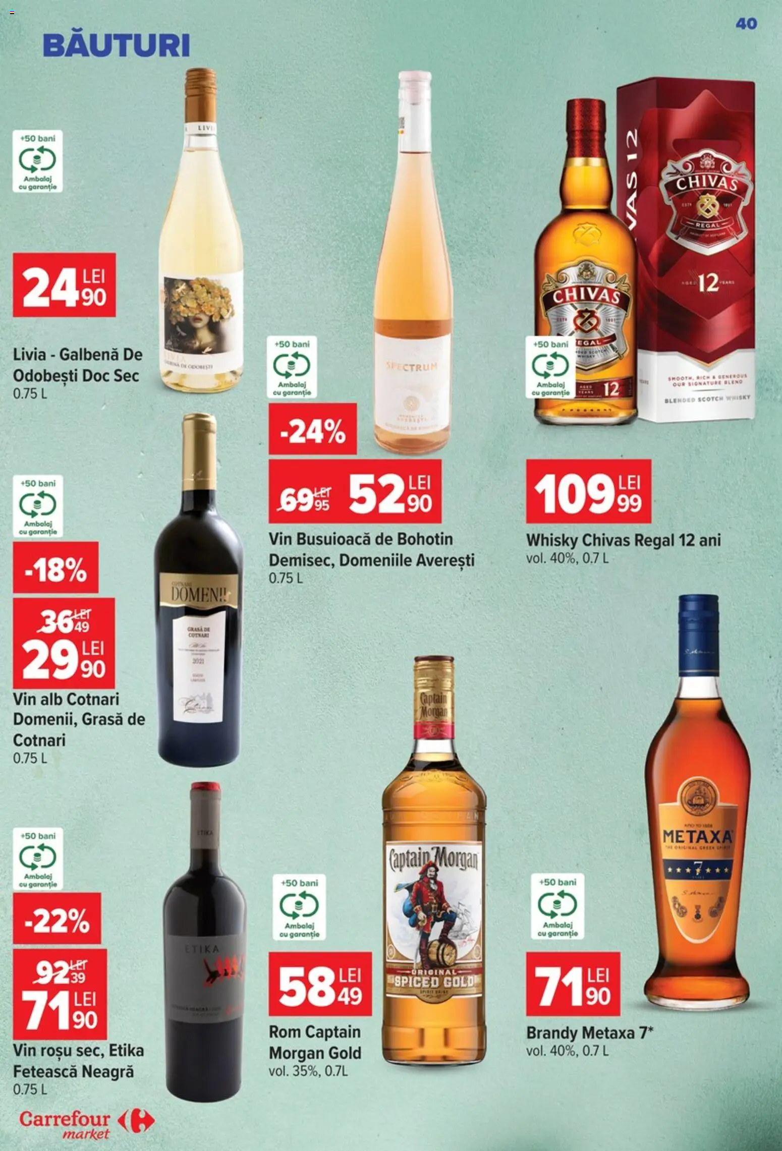 Noul catalog Carrefour – valabil de la 09.09.2026 | Pagină: 40 | Produse: Vin alb, Metaxa, Vin, Rom