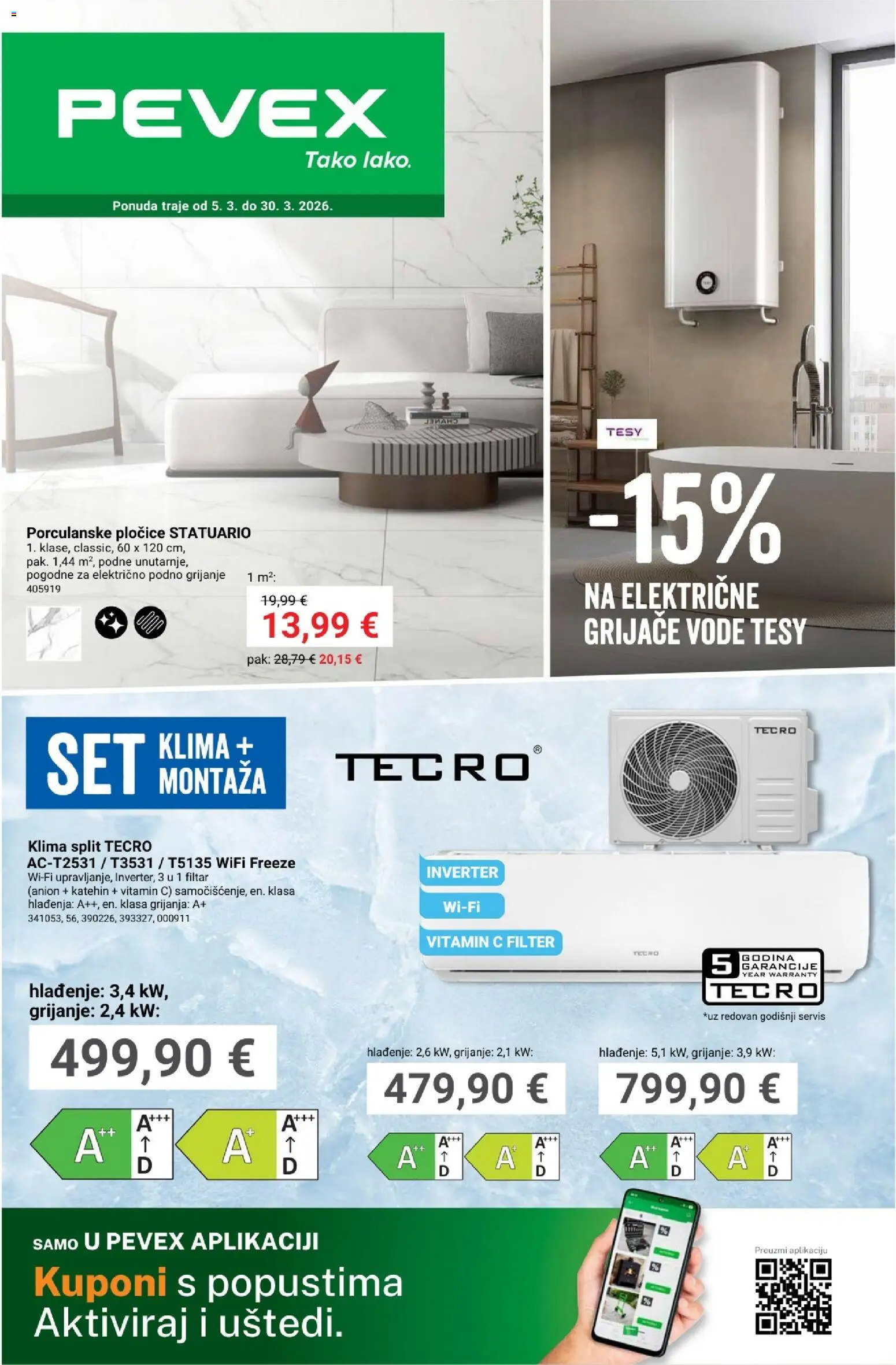 Pevex katalog | vrijedi od 05.03.2026 | Stranica: 1 | Proizvodi: Pločice, Klima