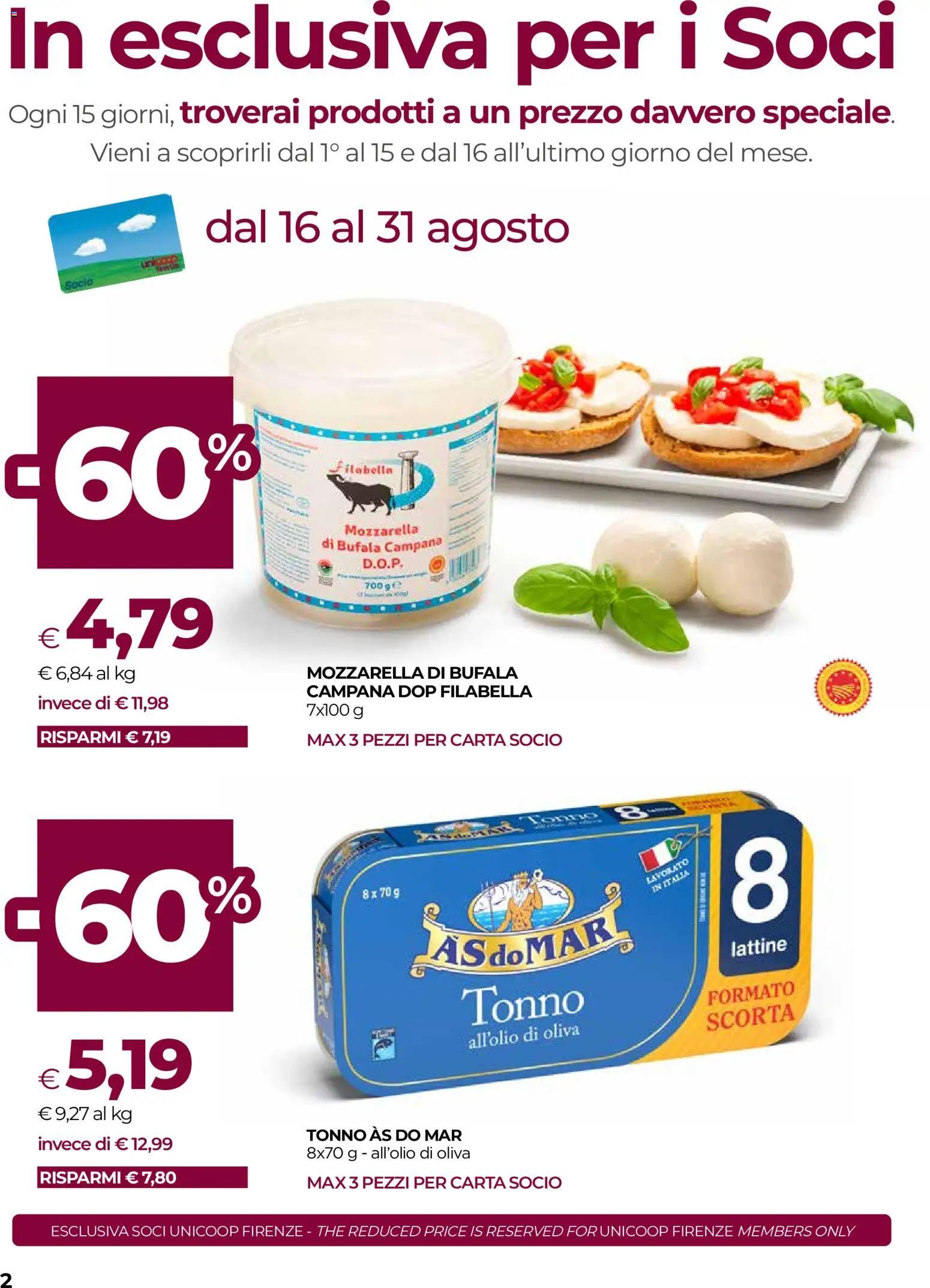 Volantino COOP del 20/08/2026 | Pagina: 2 | Prodotti: Mozzarella, The, Tonno, Mozzarella di bufala