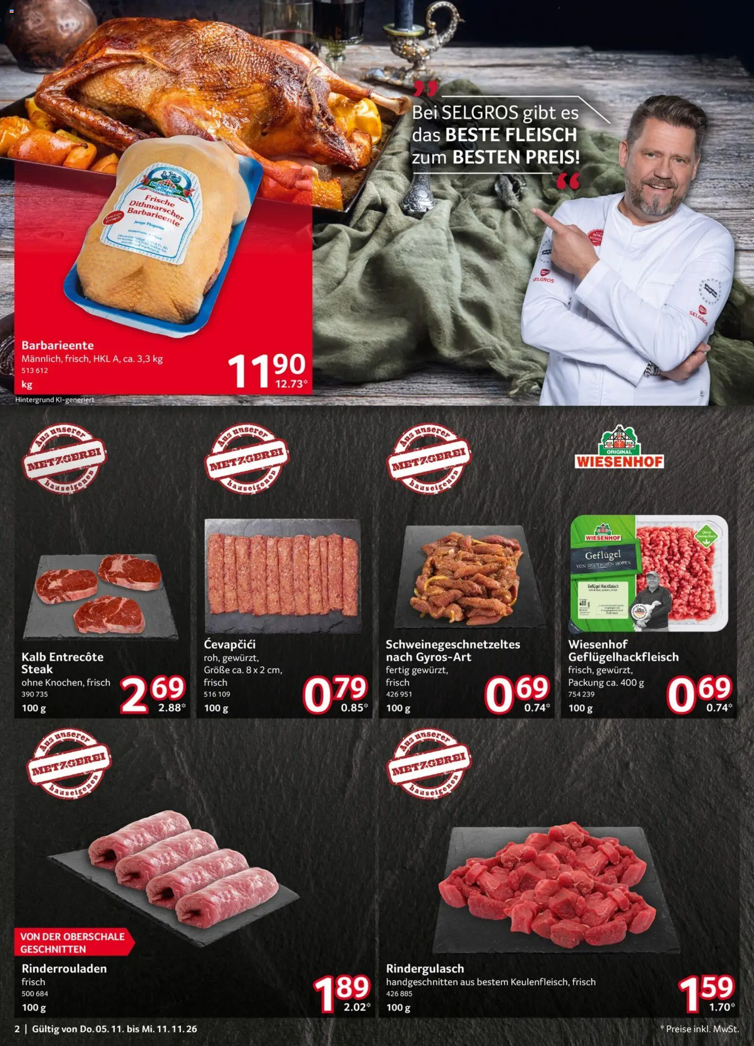 Selgros Prospekt – gültig ab 05.11.2026 | Seite: 2 | Produkte: Rinderrouladen, Cevapcici, Entrecote, Steak