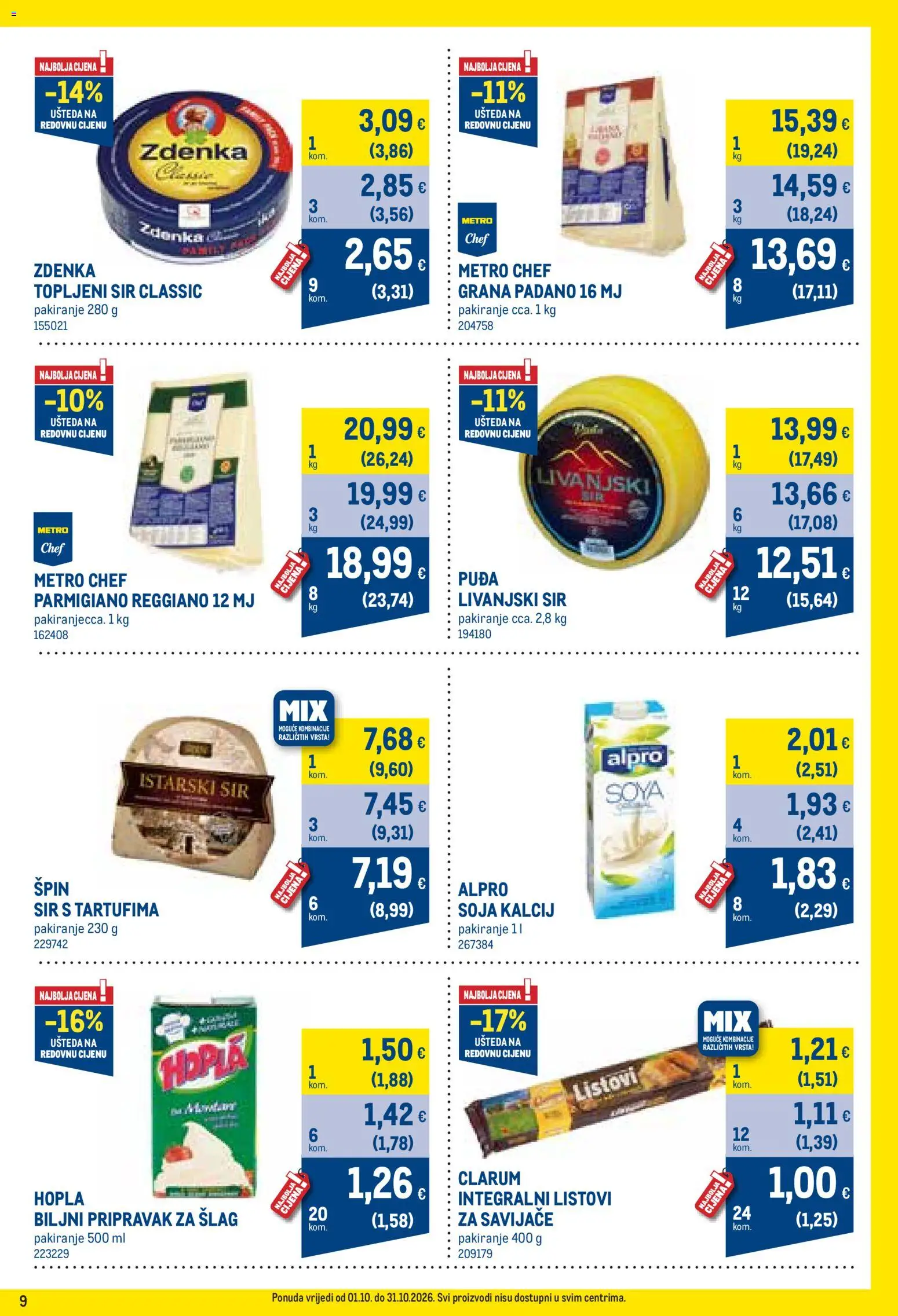Metro katalog | vrijedi od 01.10.2026 | Stranica: 9 | Proizvodi: Grana Padano, Sir, Alpro, Šlag