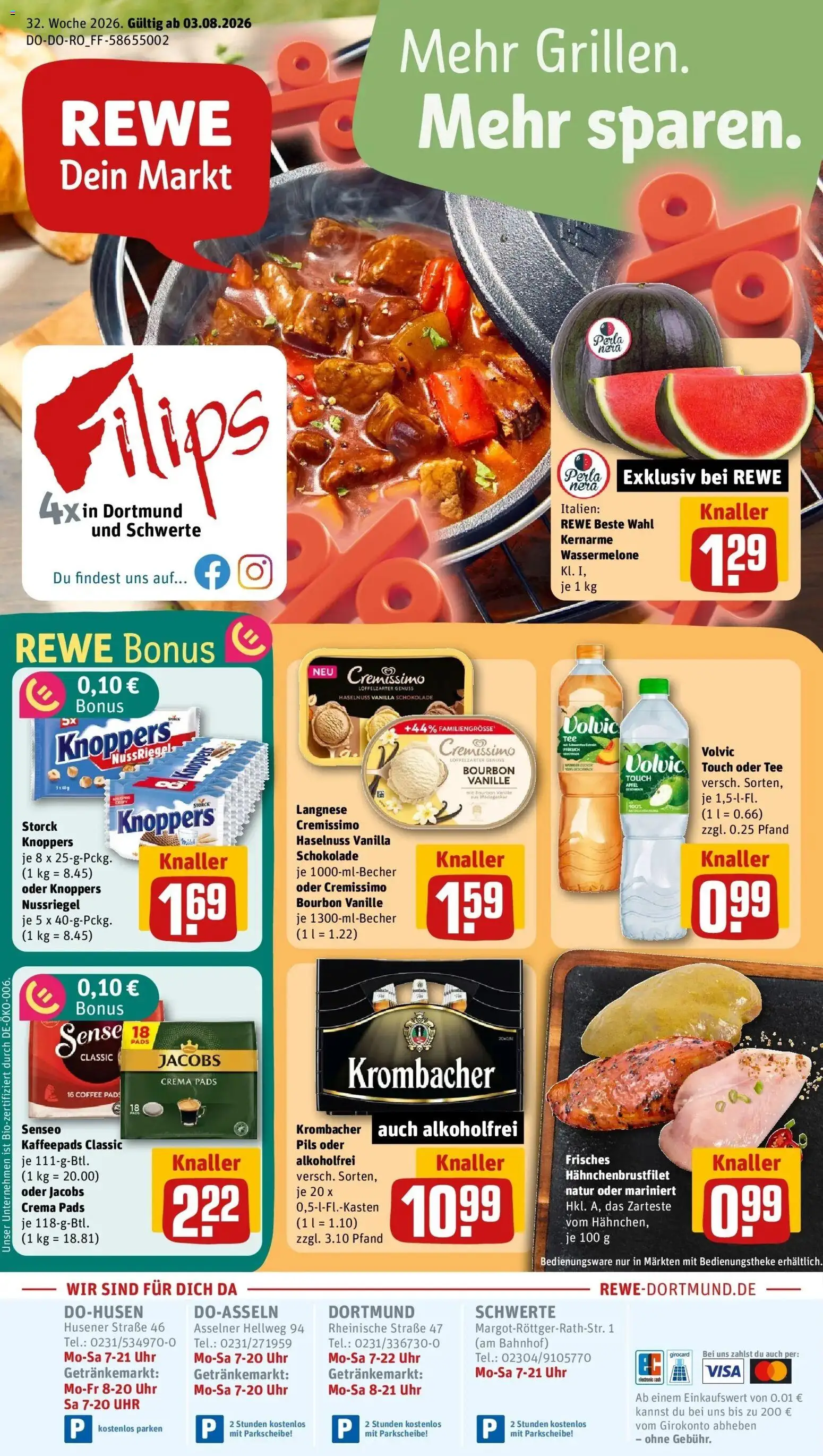 Rewe Prospekt Schwerte – gültig ab 03.08.2026 | Seite: 1 | Produkte: Äpfel, Vanille, Zucker, Pfirsich