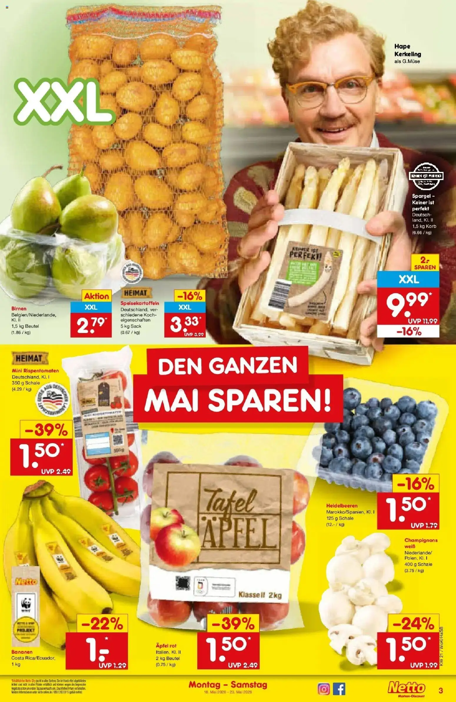 Netto Marken-Discount Prospekt Wuppertal	 – gültig ab 17.05.2026 | Seite: 3 | Produkte: Korb, Spargel, Heidelbeeren, Champignons