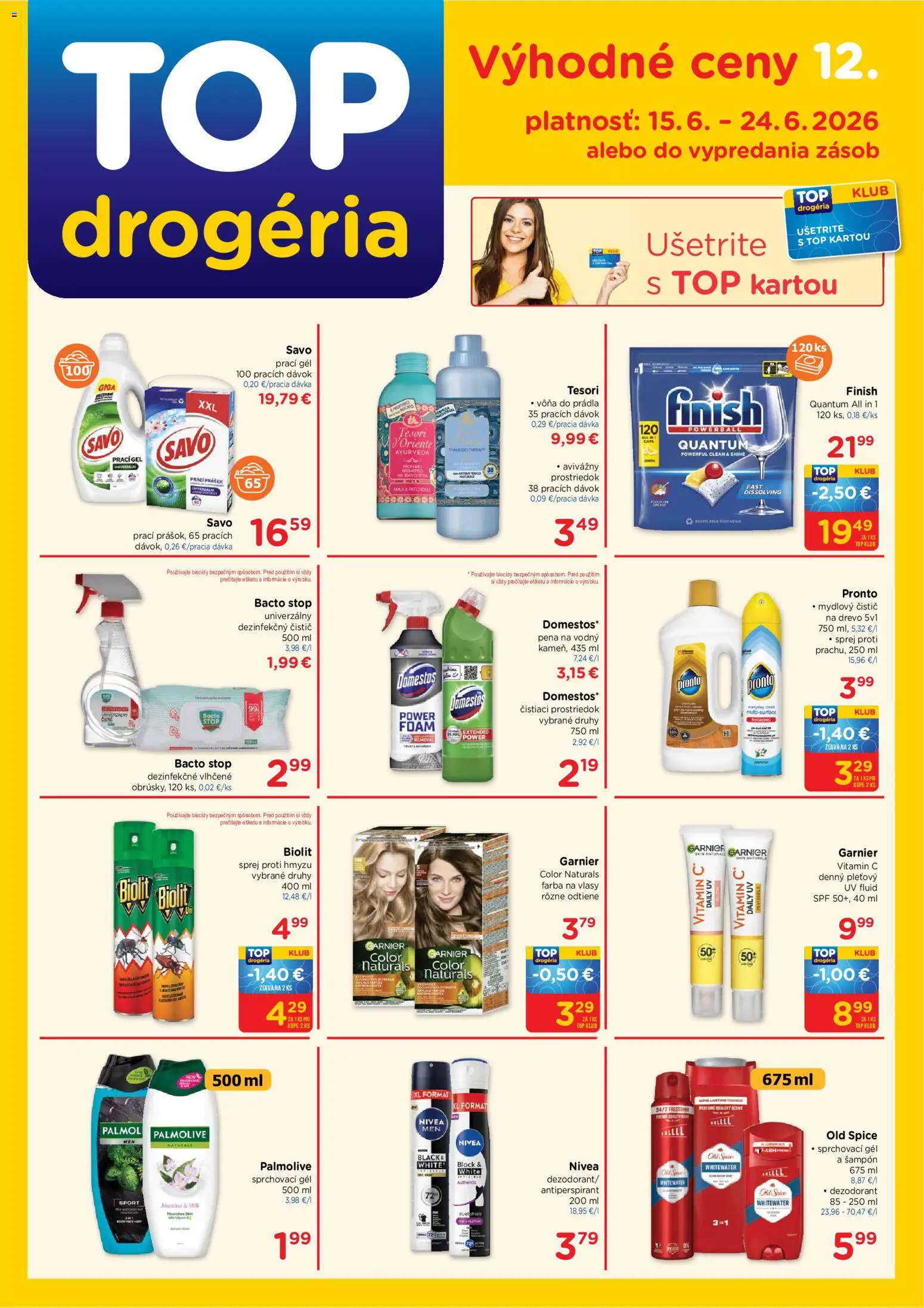 Nové TOP Drogéria akcie – leták je platný od 15.06.2026 | Strana: 1 | Produkty: Savo, Farba na vlasy, Dezodorant, Čistiaci prostriedok