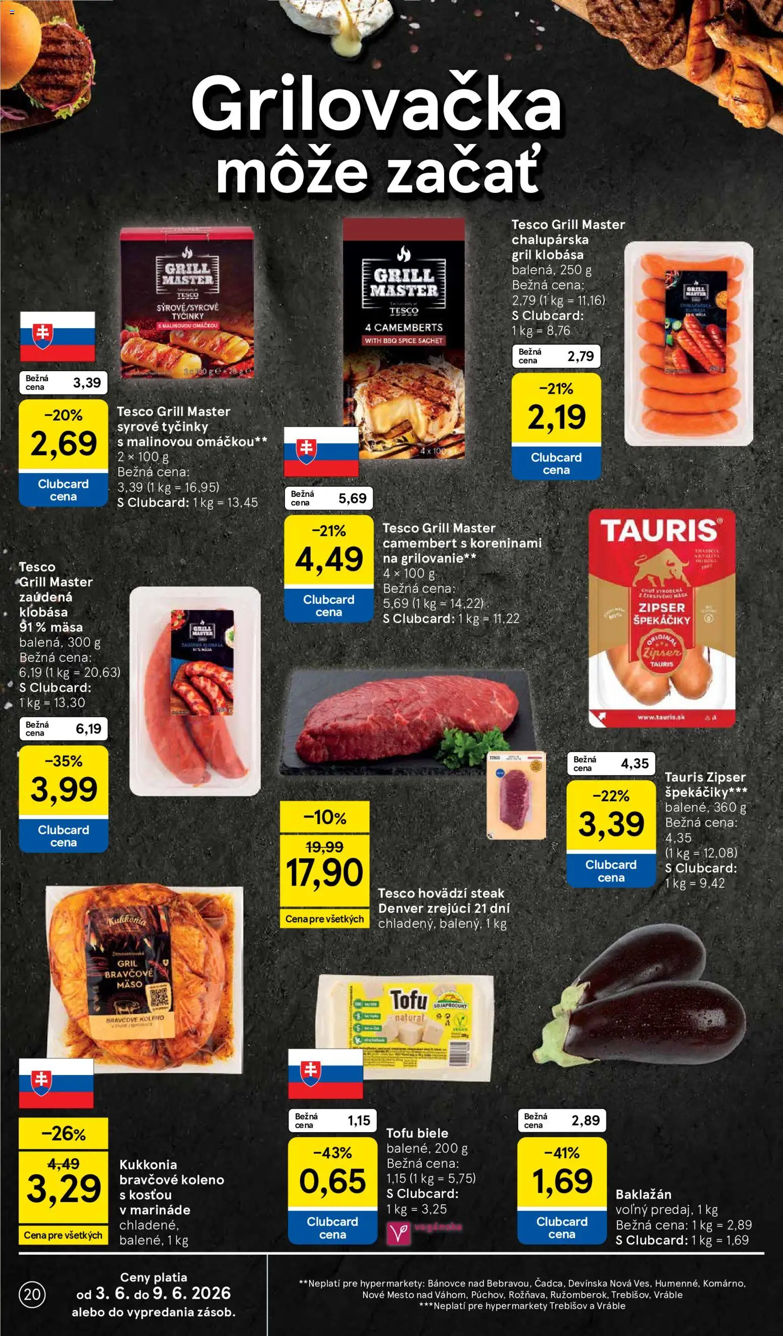 Nové Tesco akcie – leták je platný od 03.06.2026 | Strana: 20 | Produkty: Gril, Bravčové koleno, Špekáčiky