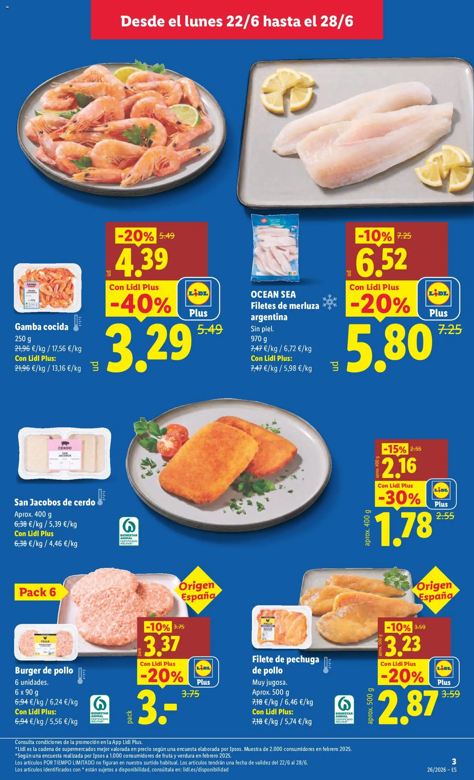 Lidl folleto │ válido desde el 22.06.2026 | Página: 3 | Productos: Cerdo, Filetes de merluza, Filete, Gamba