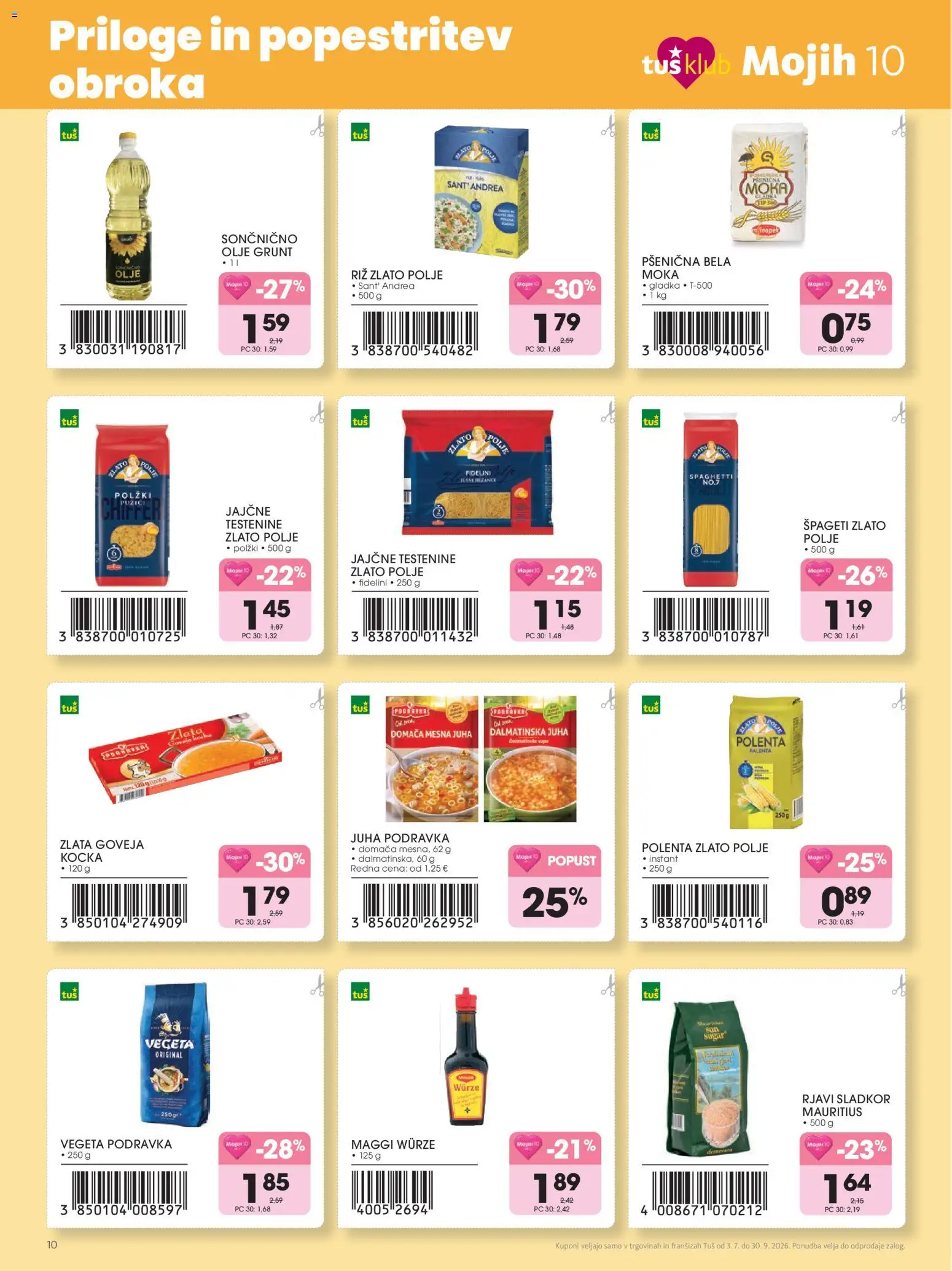 Novi Tuš katalog ponudbe – veljaven od 03.07.2026 | Stran: 10 | Izdelki: Juha, Polenta, Spageti, Testenine