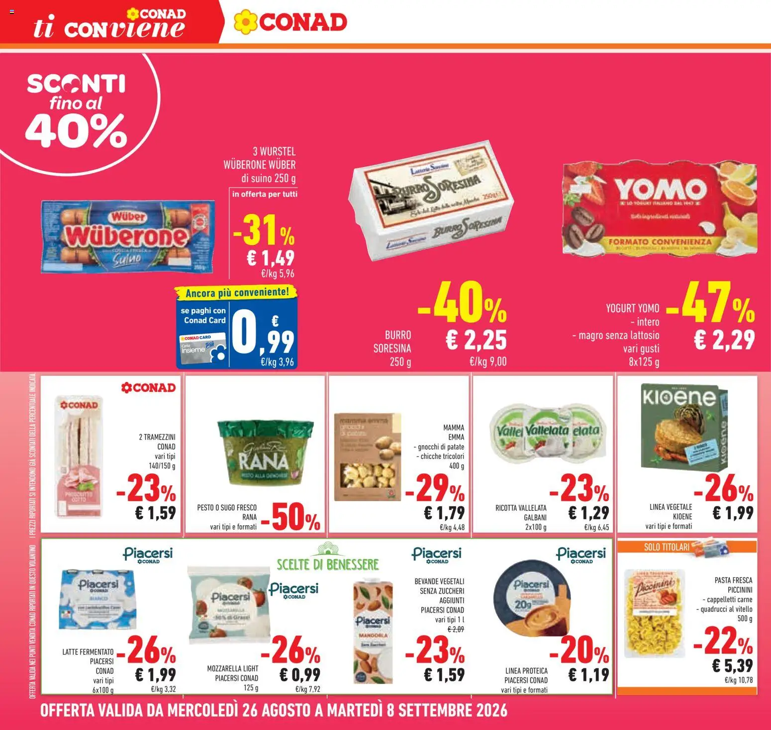 Volantino Conad del 26/08/2026 | Pagina: 18 | Prodotti: Yogurt, Bevande, Ricotta, Senza lattosio