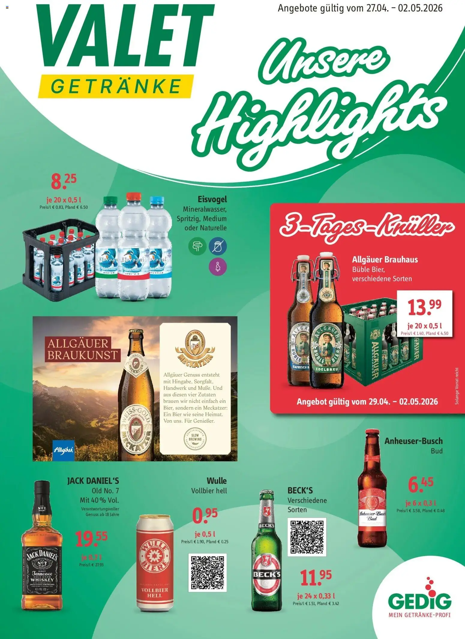 Angebote - Getränke Valet: Angebote – gültig ab 26.04.2026 | Seite: 1 | Produkte: Bier, Jack Daniel's, Whiskey