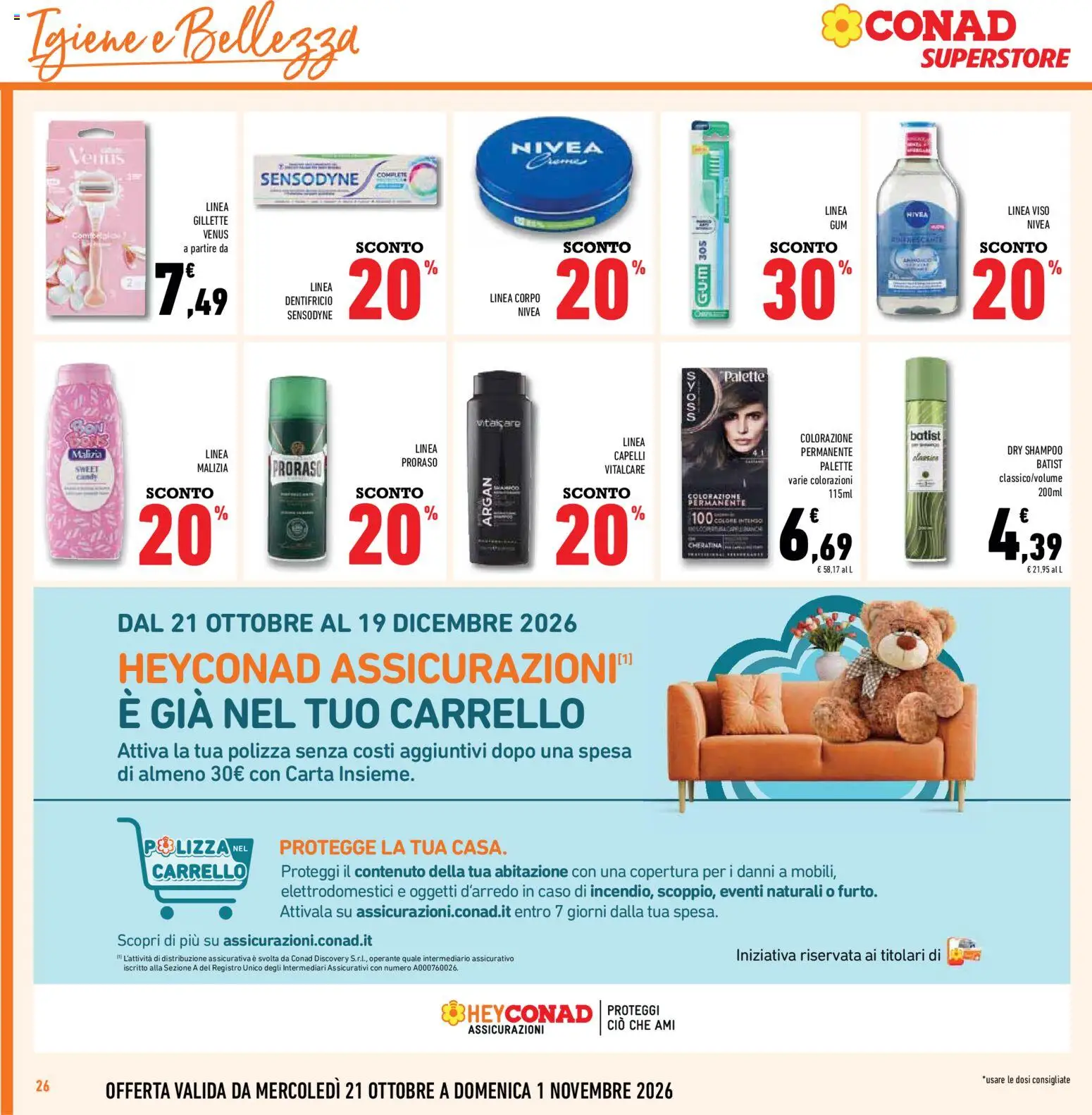 Volantino Conad del 21/10/2026 | Pagina: 26 | Prodotti: Shampoo, Rasoio, Dentifricio, Carrello