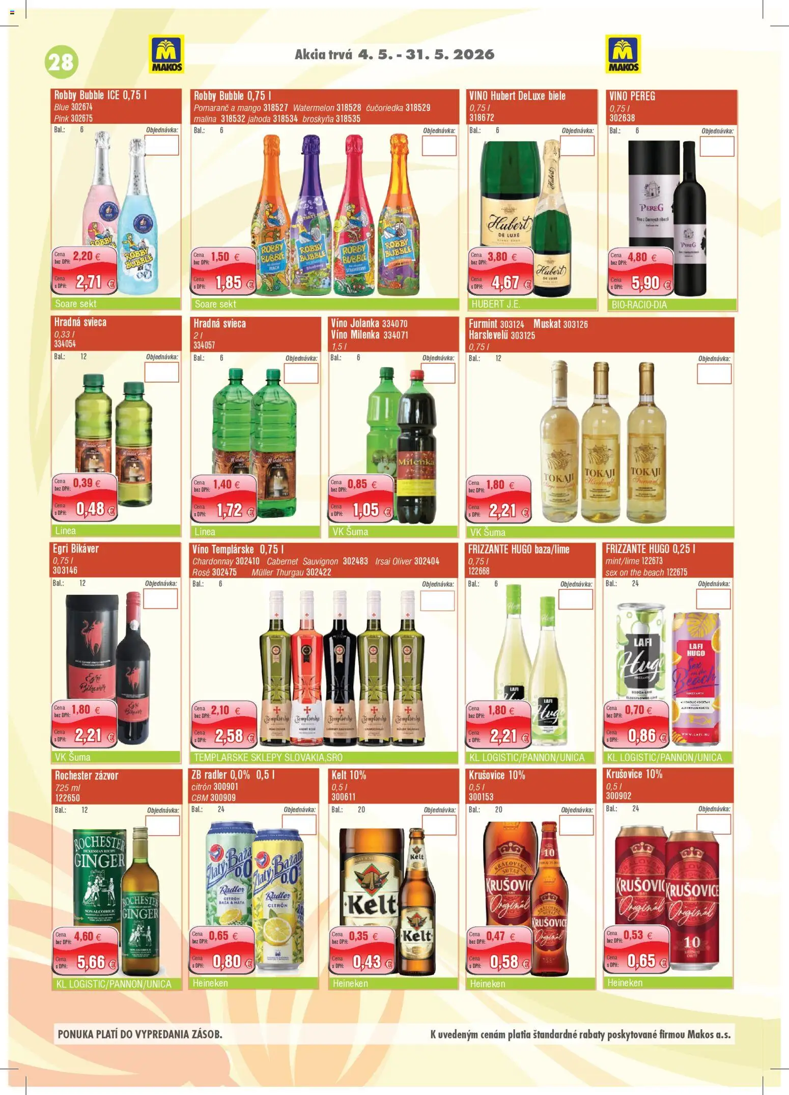 Nové Makos akcie – leták je platný od 04.05.2026 | Strana: 28 | Produkty: Víno, Kelt, Radler, Krušovice