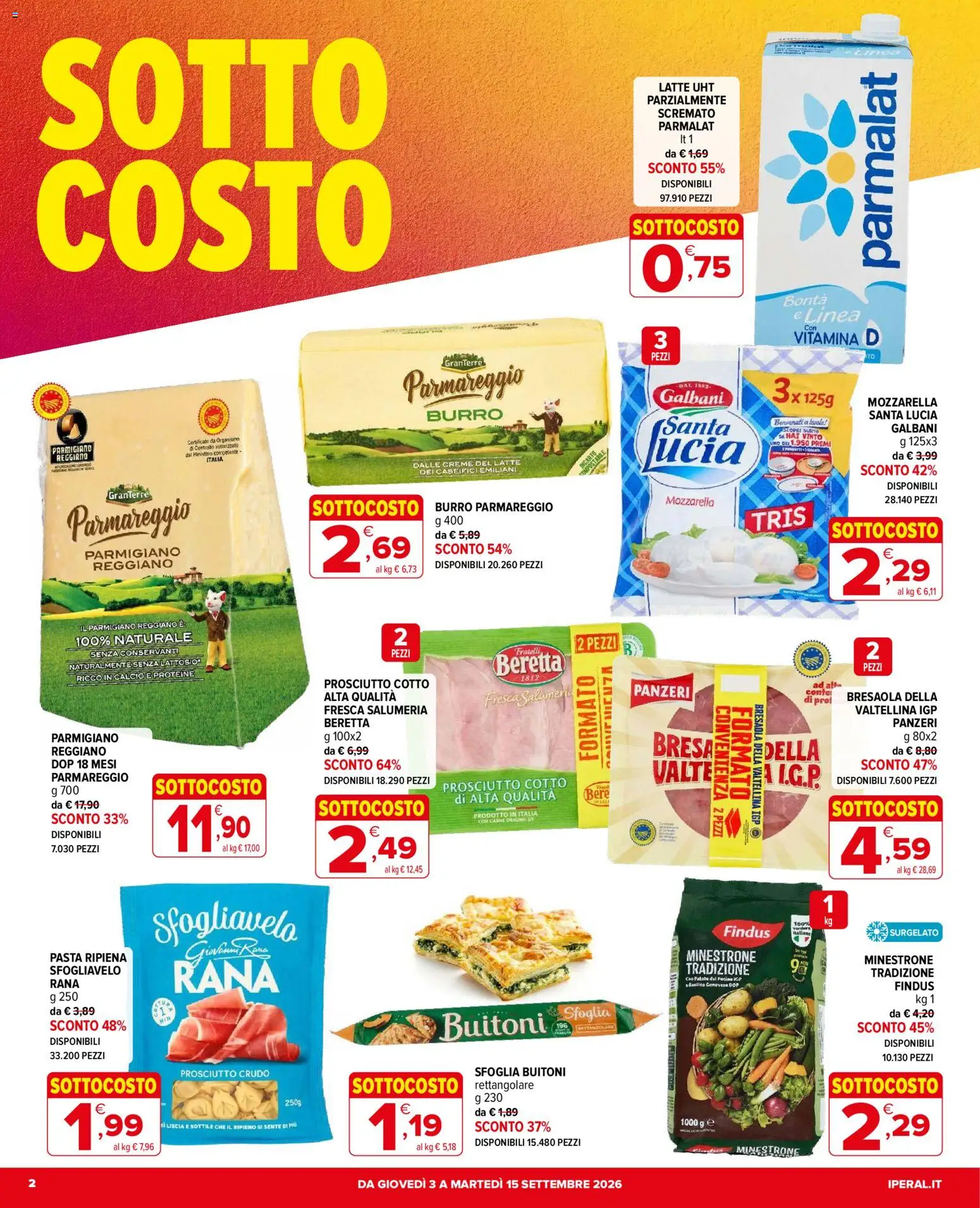 Volantino Iperal del 03/09/2026 | Pagina: 2 | Prodotti: Prosciutto Crudo, Patate, Pasta, Parmigiano