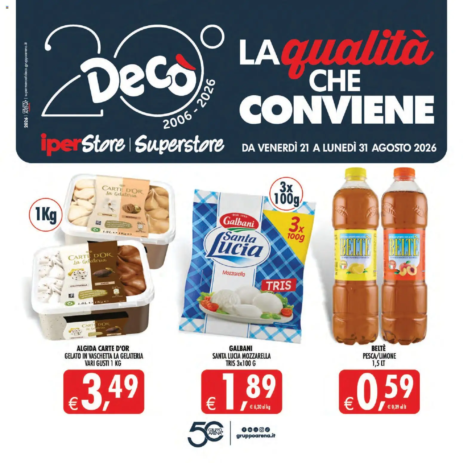 Volantino Decò del 21/08/2026 | Pagina: 1 | Prodotti: Gelato, Mozzarella, Cacao, Stracciatella