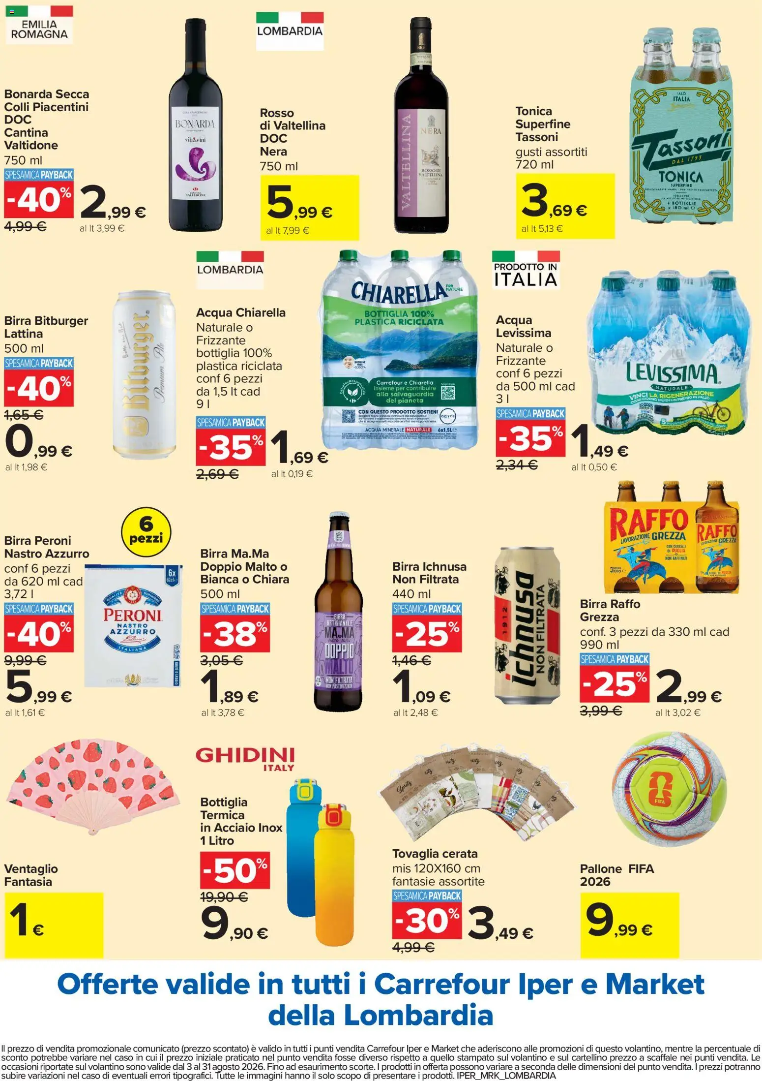 Volantino Carrefour del 03/08/2026 | Pagina: 4 | Prodotti: Birra, Scaffale, Acqua minerale, Bottiglia