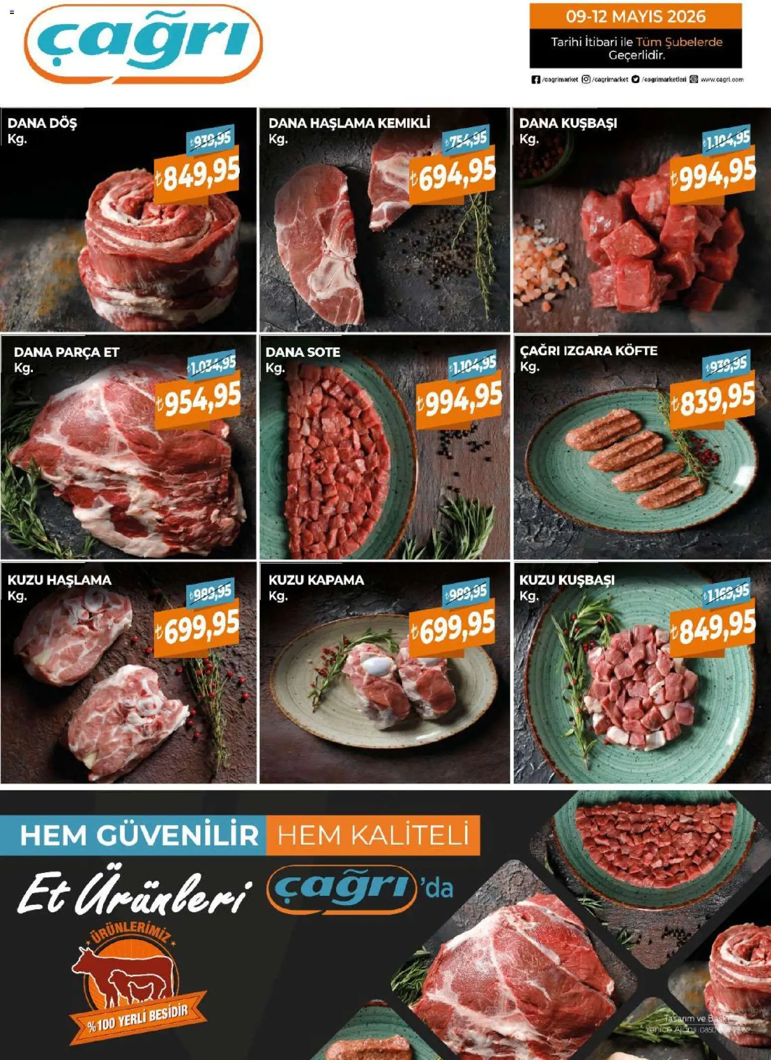Çağrı Market - Kasap Katalog - 09.05.2026 tarihinden itibaren geçerlidir | Sayfa: 1 | Ürünler: Baskı, Dana kuşbaşı, Izgara köfte, Izgara