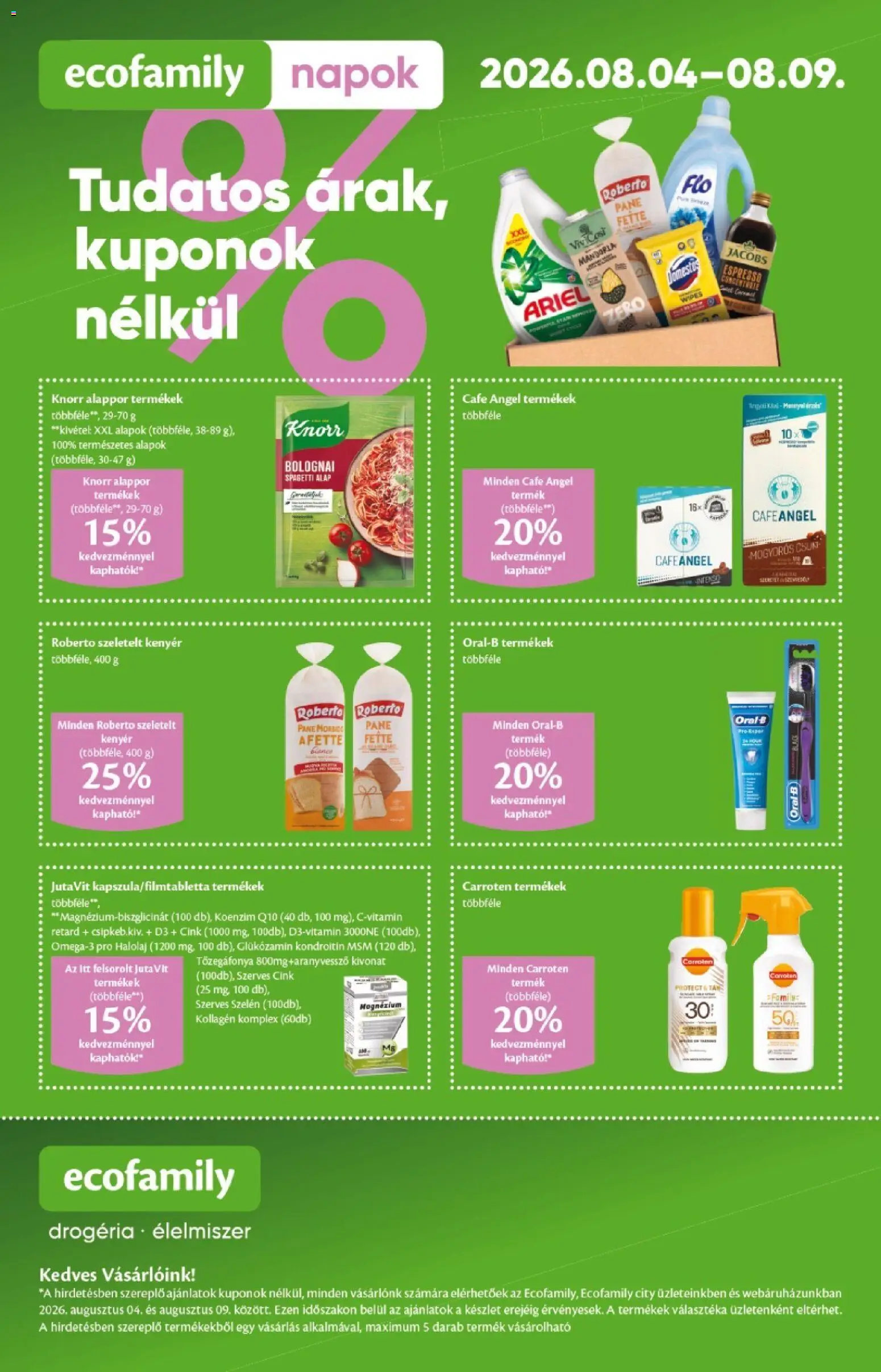 EcoFamily akciós ujság - amely érvényes a következő dátumtól: 2026.08.04. | Oldal: 4 | Termékek: Ariel, Spagetti, Kollagén, Kenyér