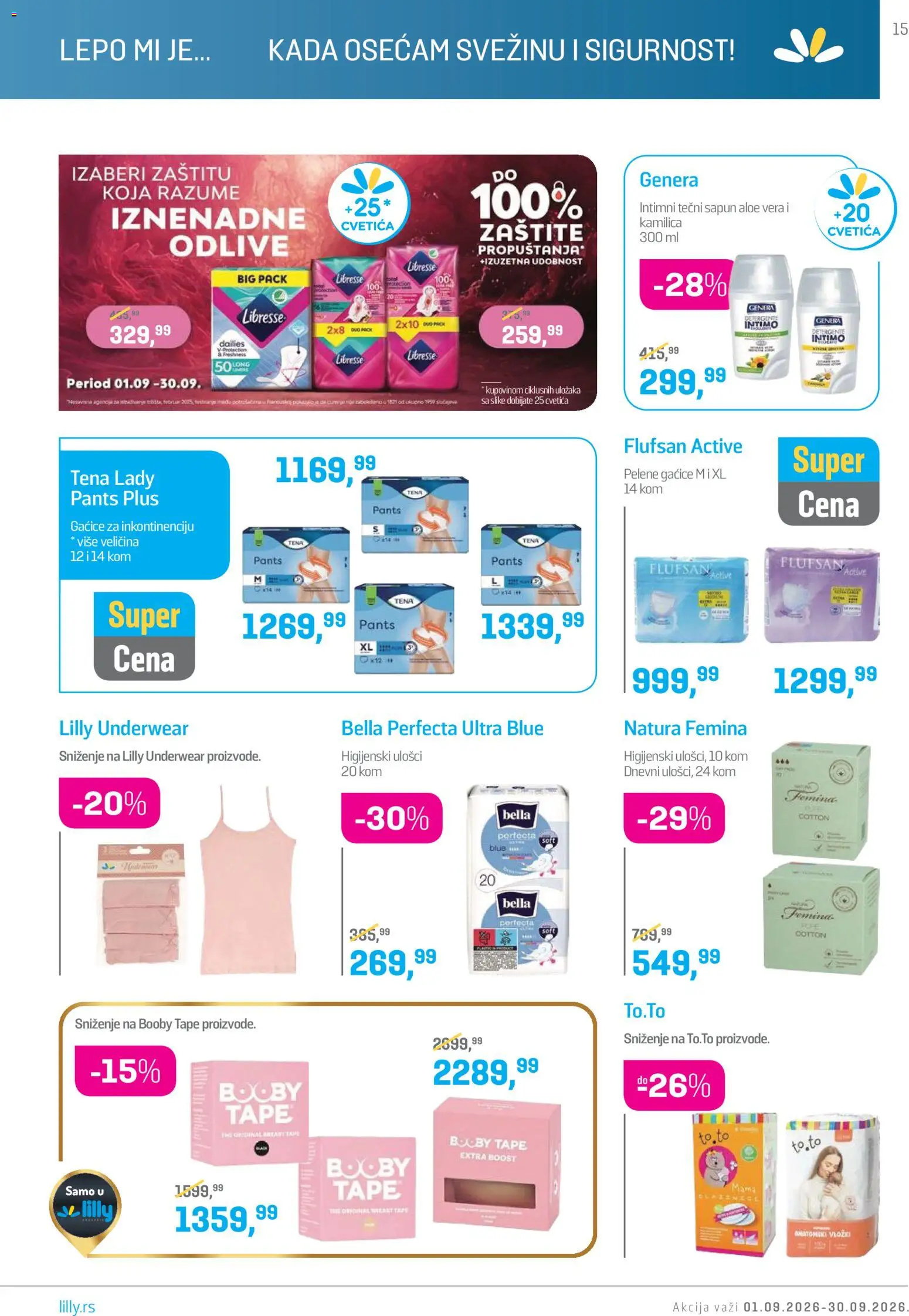 Lilly drogerie katalog - važi od 01.09.2026 | Strana: 15 | Proizvode: Aloe vera, Higijenski ulošci, Gaćice, Sapun