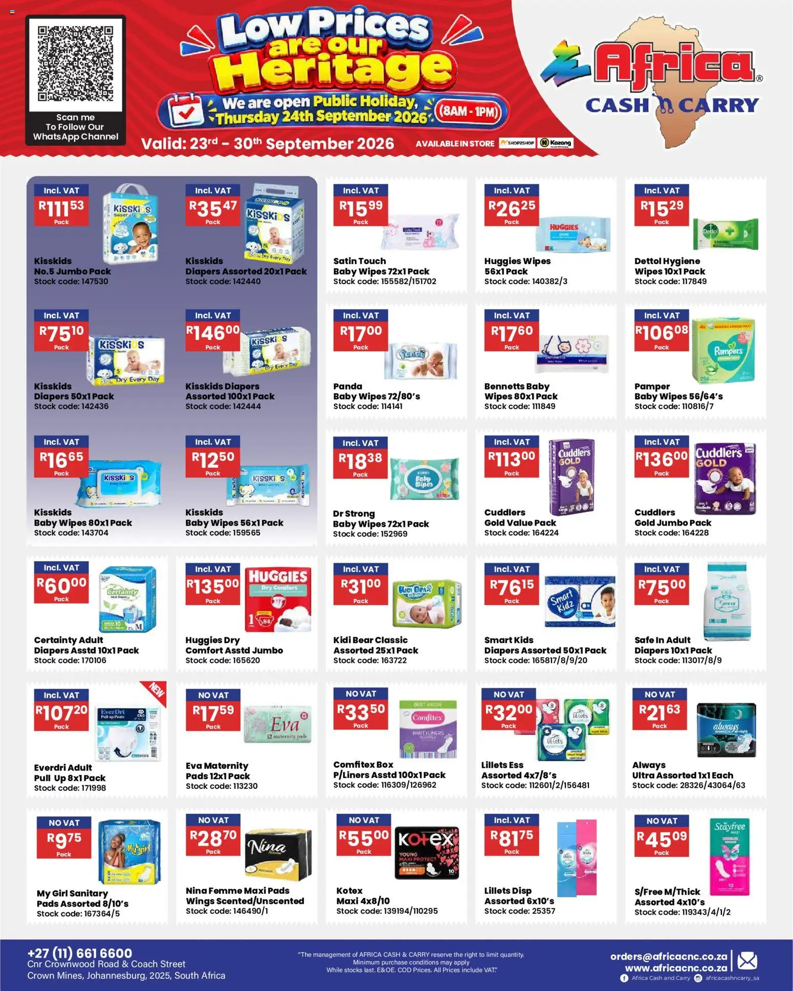 New Africa Cash & Carry catalogue – valid from 23/09/2026 | Page: 12 | Products: Diapers, Box, Pads, Stock