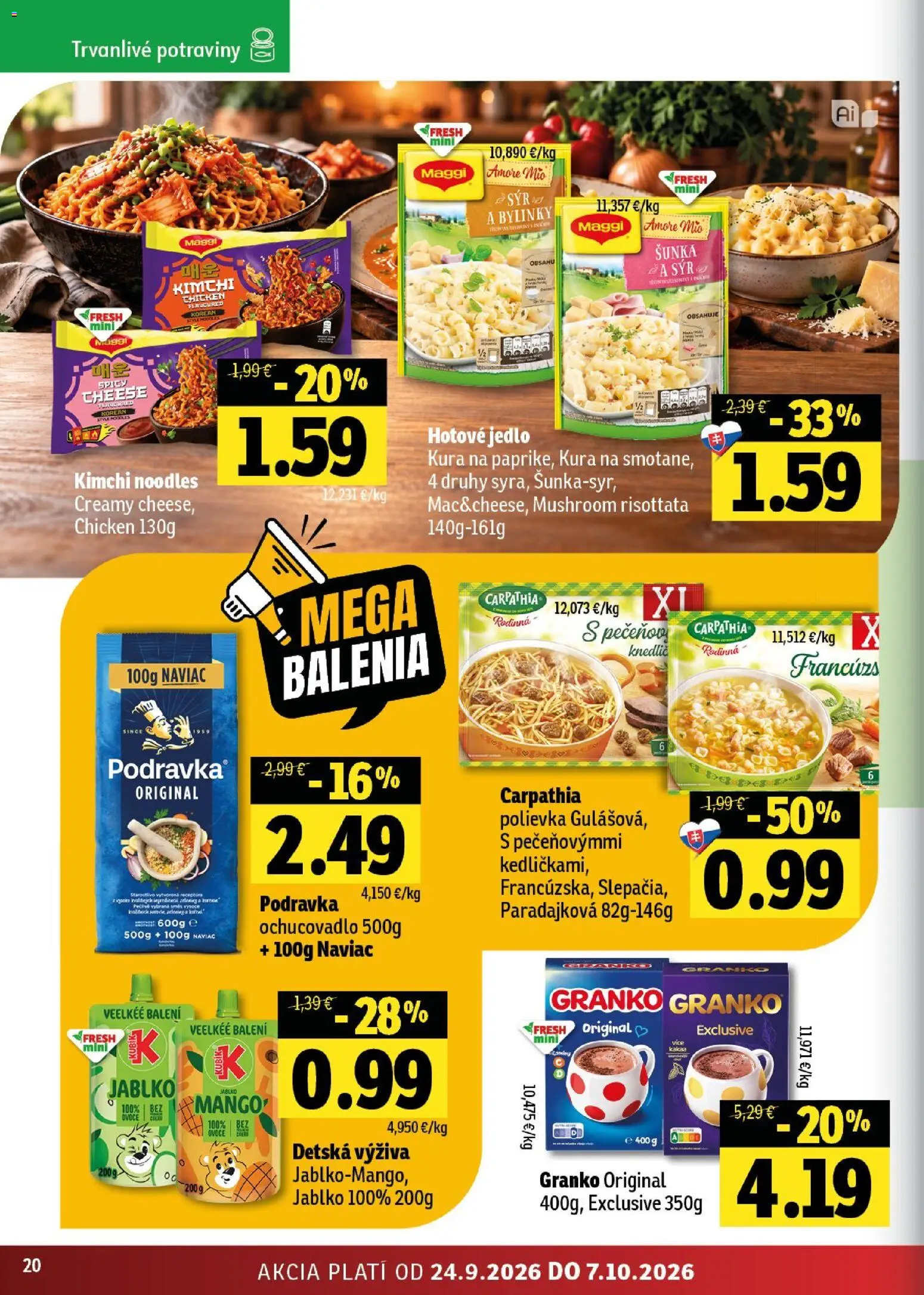 Nové Fresh akcie – leták je platný od 24.09.2026 | Strana: 20 | Produkty: Šunka, Granko, Kimchi, Bylinky