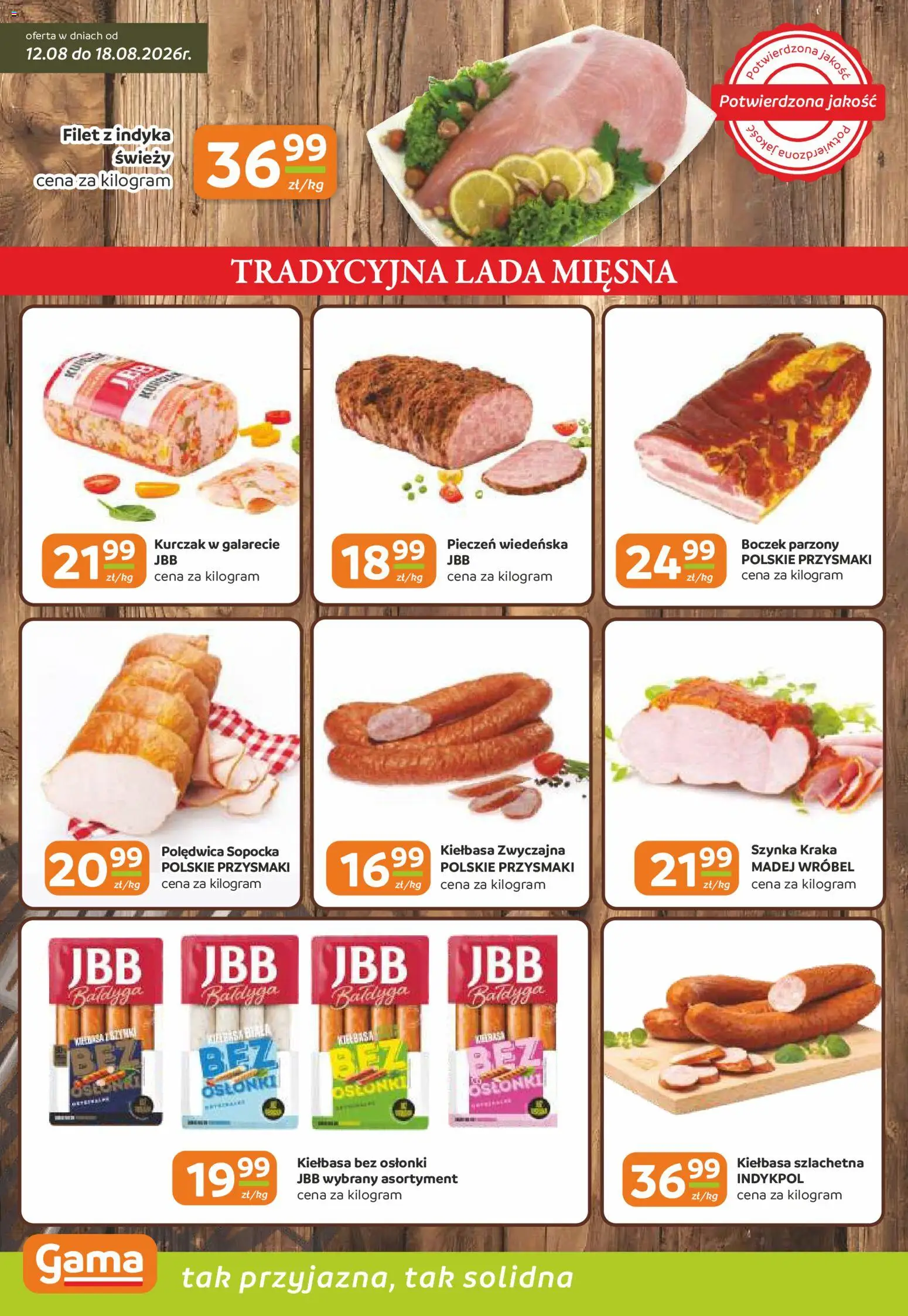 Gama gazetka od 12.08.2026 | Strona: 2 | Produkty: Kurczak, Kiełbasa szlachetna, Boczek, Filet z indyka