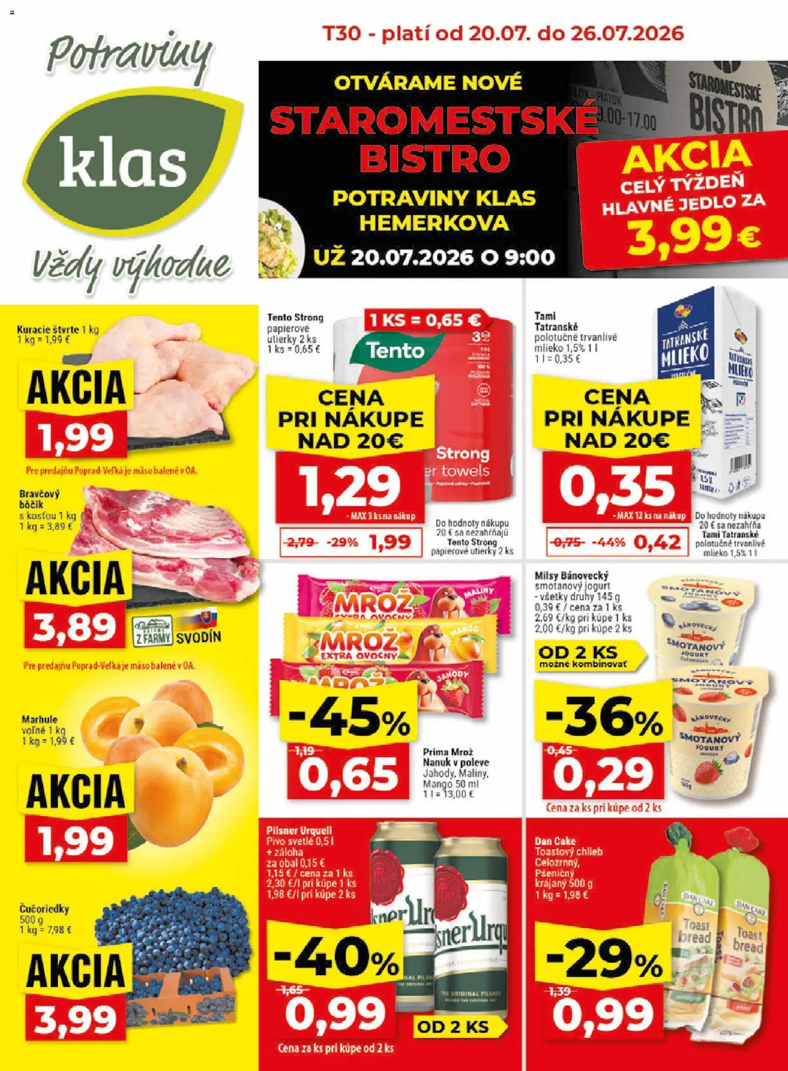Nové Klas akcie – leták je platný od 20.07.2026 | Strana: 1 | Produkty: Pivo, Chlieb, Toastový chlieb, Papierové utierky