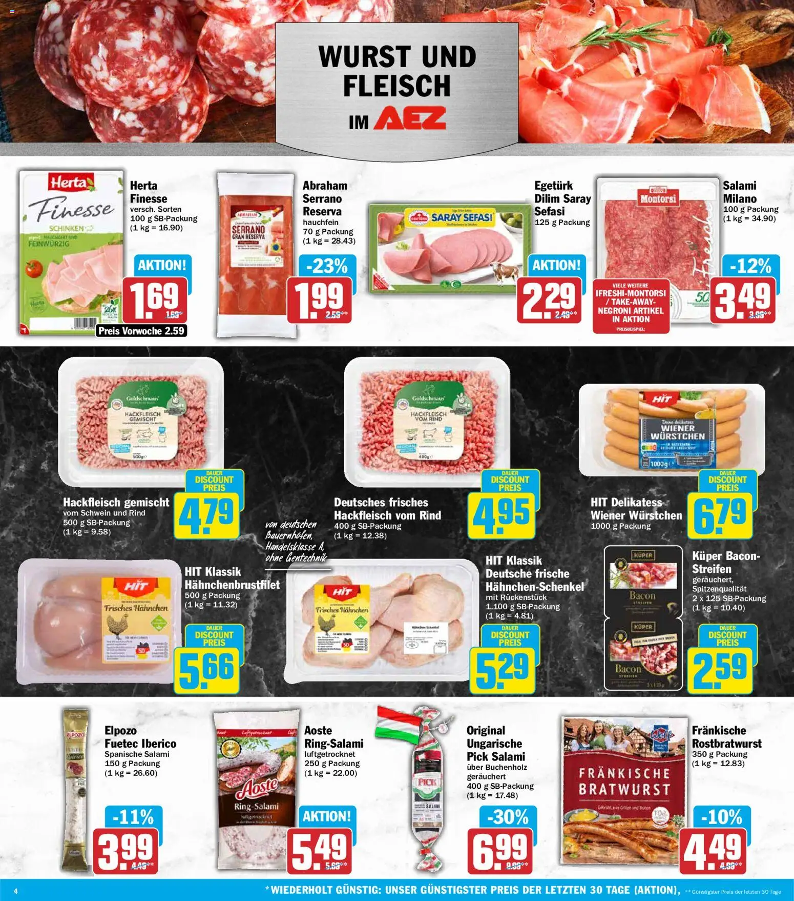AEZ Prospekt – gültig ab 20.07.2026 | Seite: 4 | Produkte: Wiener wurstchen, Hahnchenschenkel, Bratwurst, Schinken