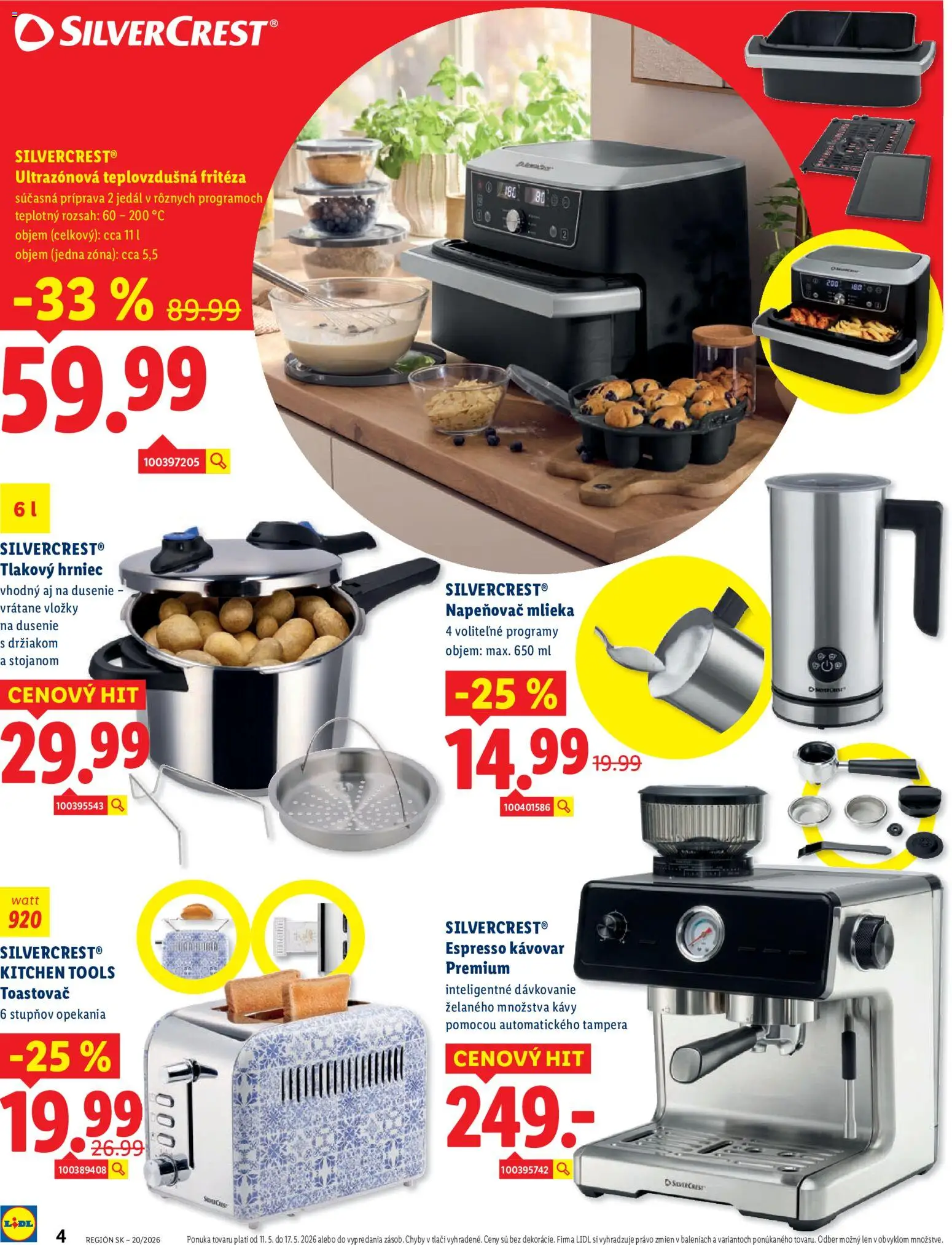 Nové Lidl akcie – leták je platný od 11.05.2026 | Strana: 4 | Produkty: Fritéza, Teplovzdušná frítéza, Kávovar, Napeňovač
