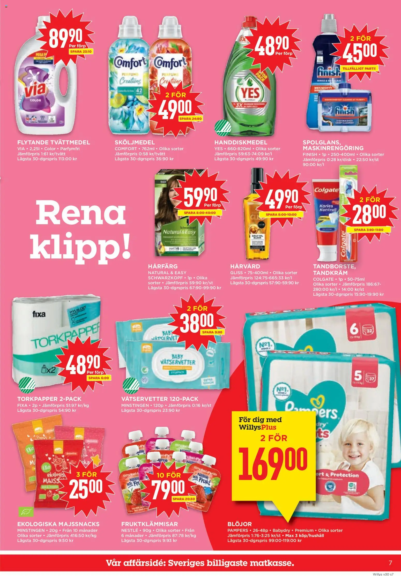 Willys reklamblad aktuell från 20/07/2026 | Sida: 7 | Produkter: Hårfärg, Sköljmedel, Handdiskmedel, Blöjor