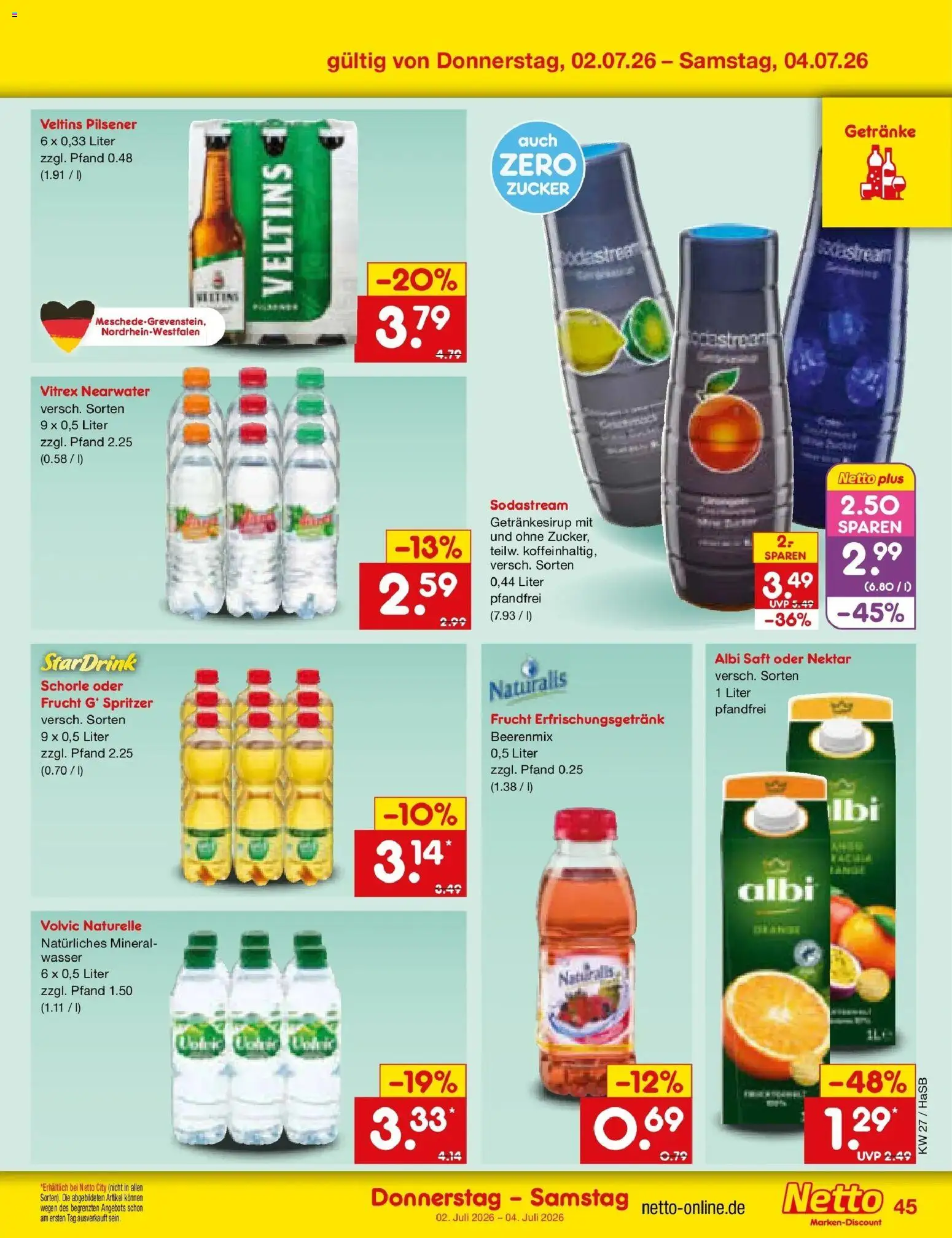 Netto Marken-Discount Prospekt Wuppertal – gültig ab 29.06.2026 | Seite: 65 | Produkte: Wasser, Zucker, Saft, Veltins