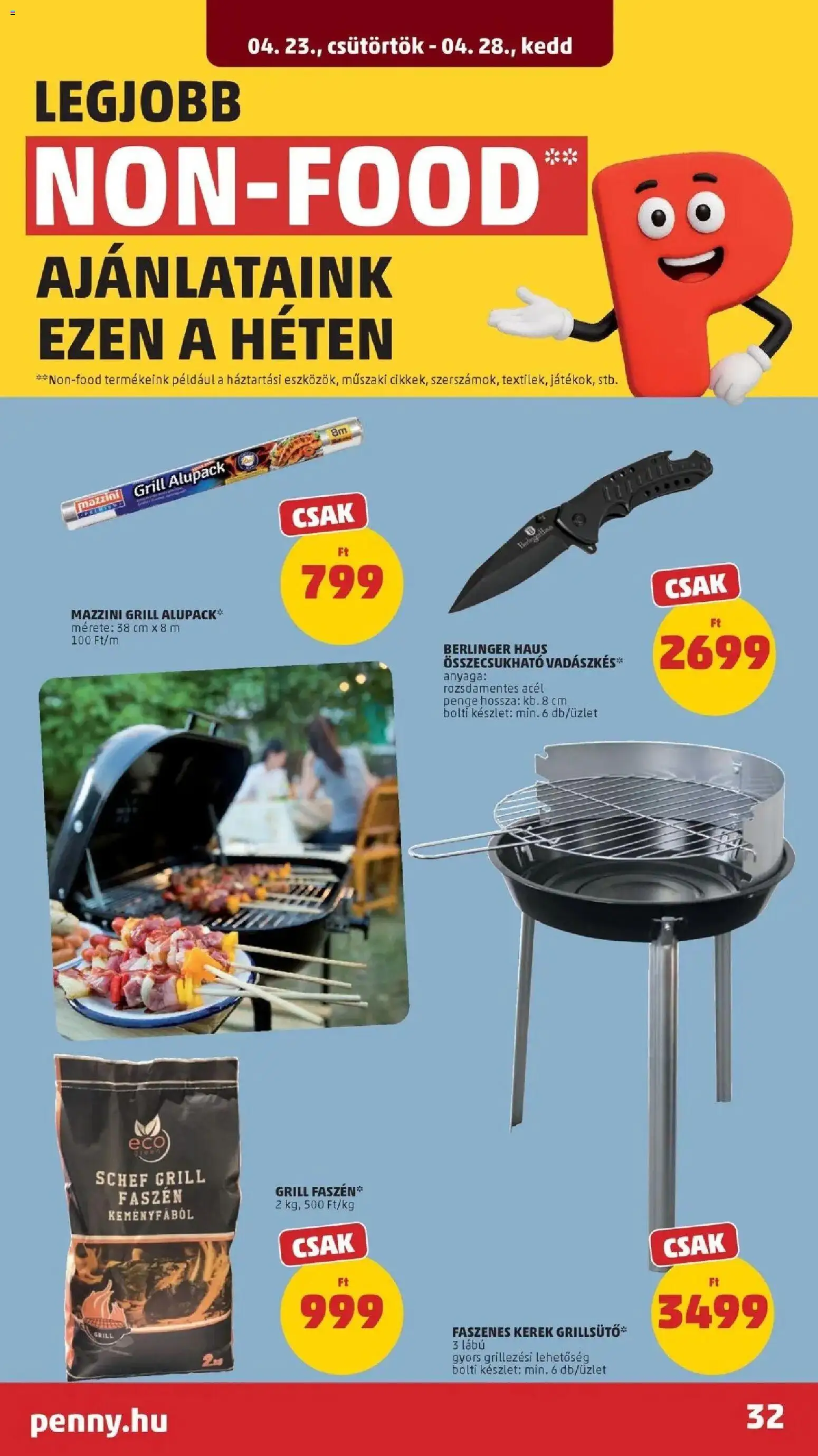 PENNY akciós ujság - amely érvényes a következő dátumtól: 2026.04.23. | Oldal: 32 | Termékek: Grillsütő, Grill