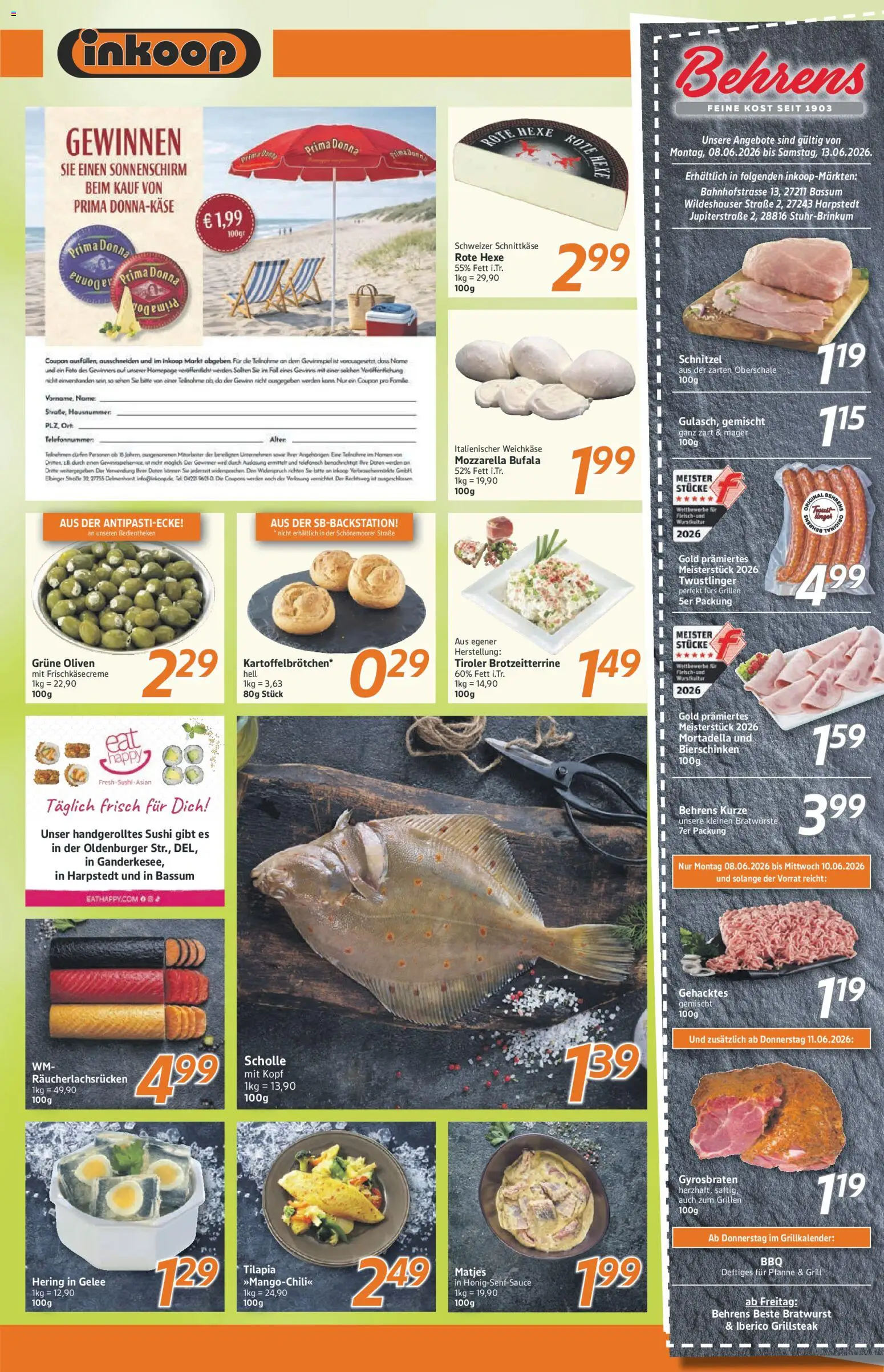 Inkoop Prospekt – gültig ab 08.06.2026 | Seite: 4 | Produkte: Grill, Mozzarella, Bratwurst, Sonnenschirm