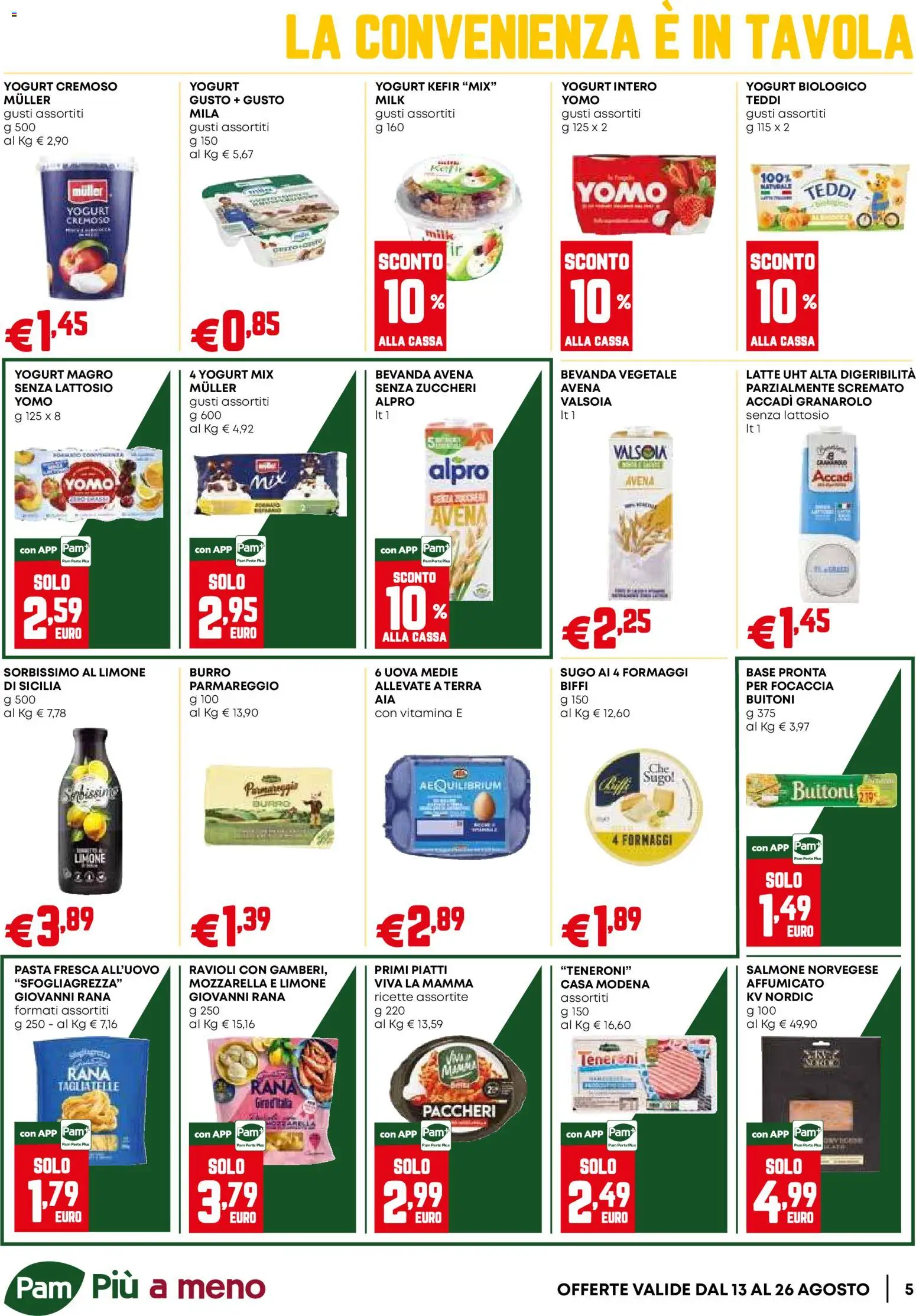 Volantino PAM del 13/08/2026 | Pagina: 5 | Prodotti: Kefir, Yogurt, Mozzarella, Pasta