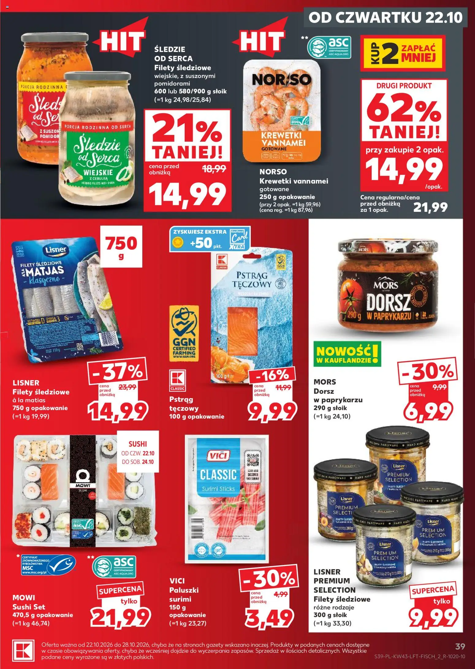 Kaufland gazetka od 22.10.2026 | Strona: 39 | Produkty: Śledzie, Pstrąg, Sushi, Krewetki vannamei