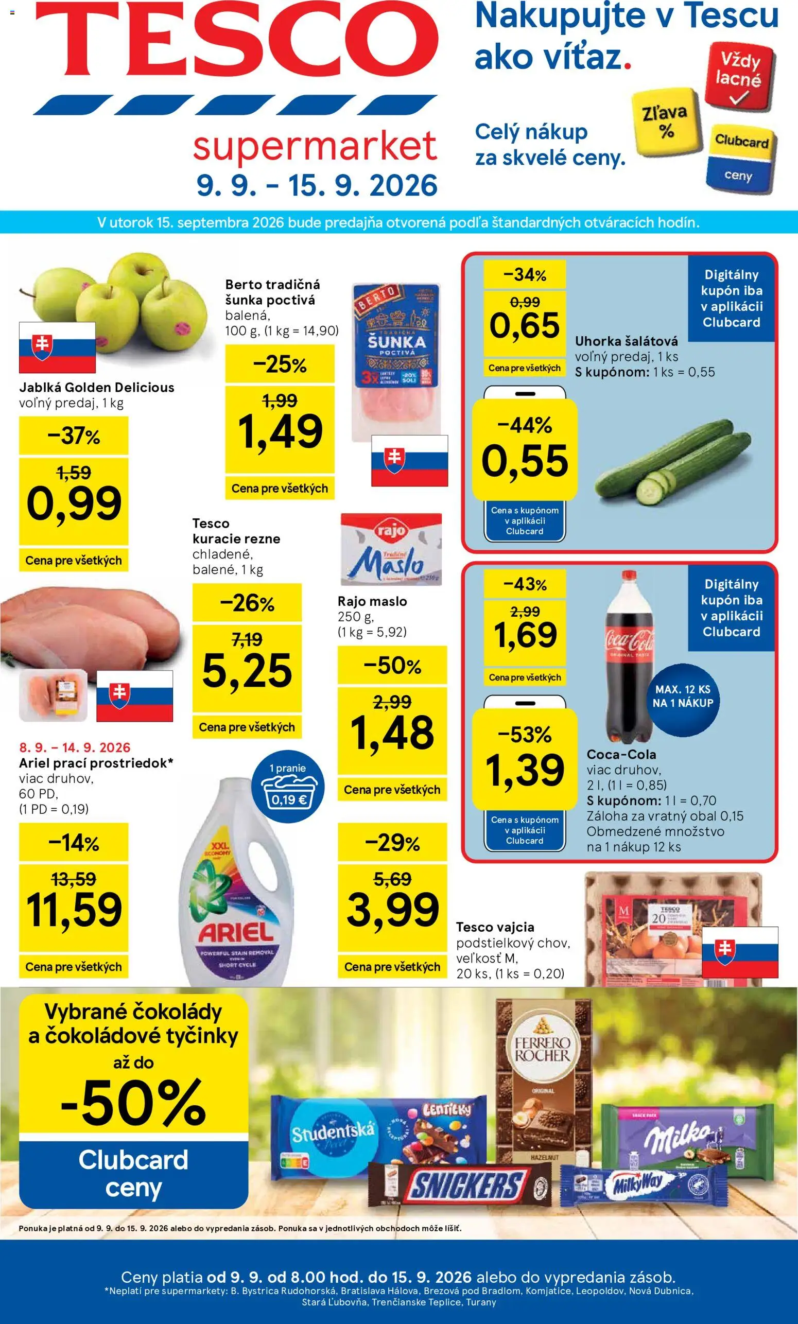 Nové Tesco akcie – leták je platný od 09.09.2026 | Strana: 1 | Produkty: Šunka, Uhorka, Uhorka šalátová, Ariel
