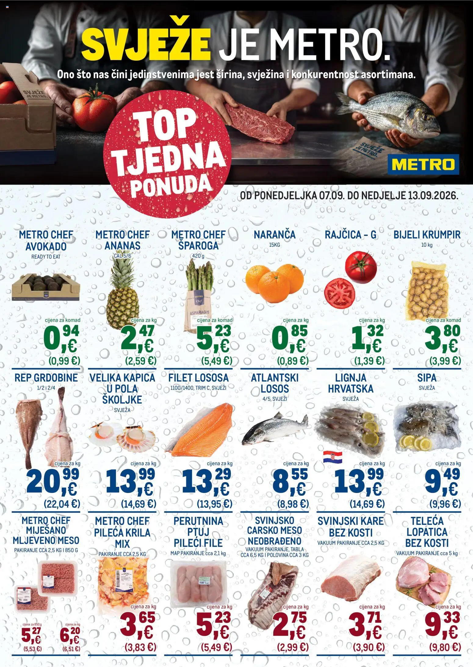 Metro katalog | vrijedi od 07.09.2026 | Stranica: 1 | Proizvodi: Pileća krila, Svinjski kare, Avokado, Lopatica