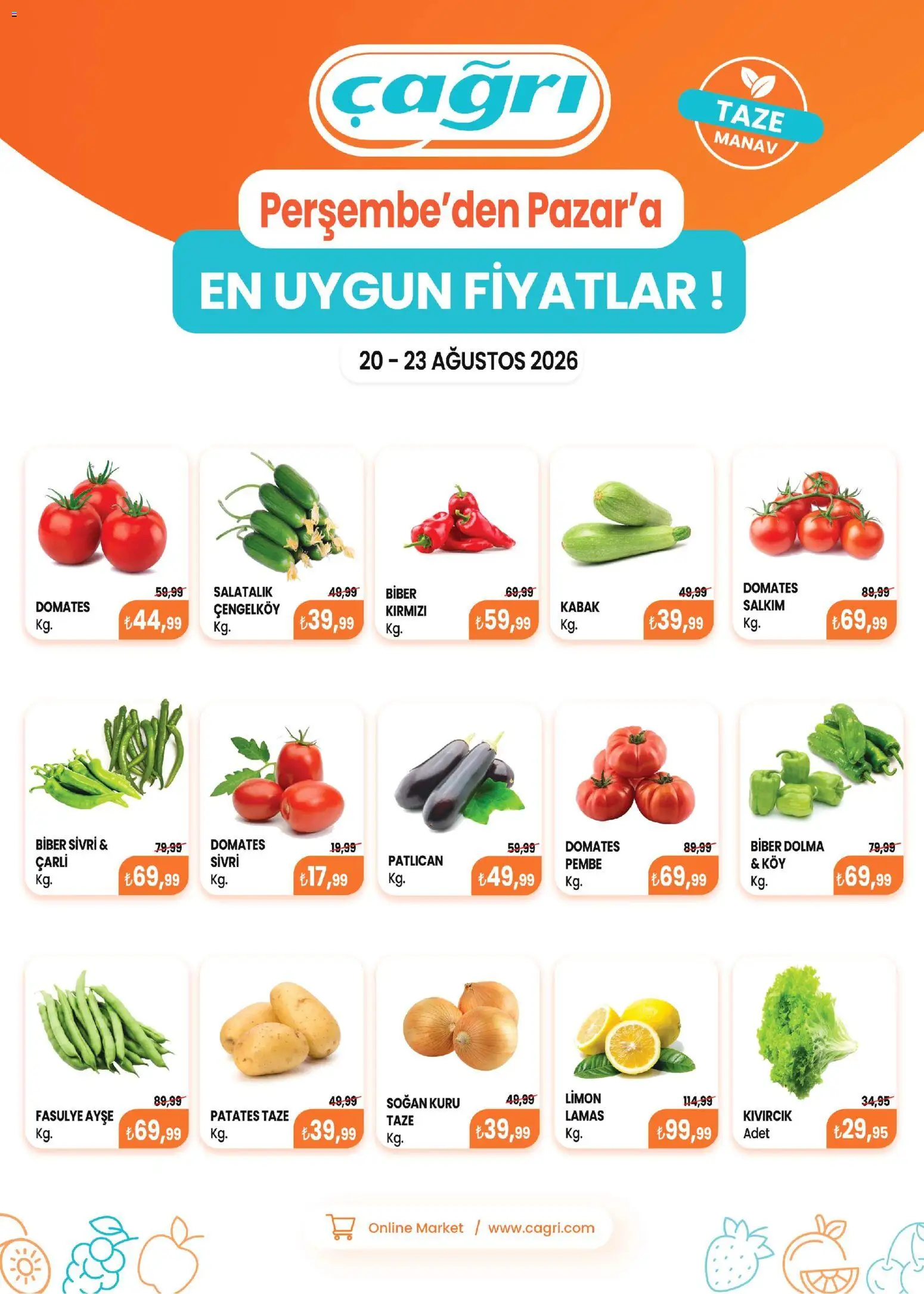 Çağrı Market - Manav Katalog - 20 Ağustos 2026 tarihinden itibaren geçerlidir | Sayfa: 2 | Ürünler: Domates, Salatalık, Patates, Biber