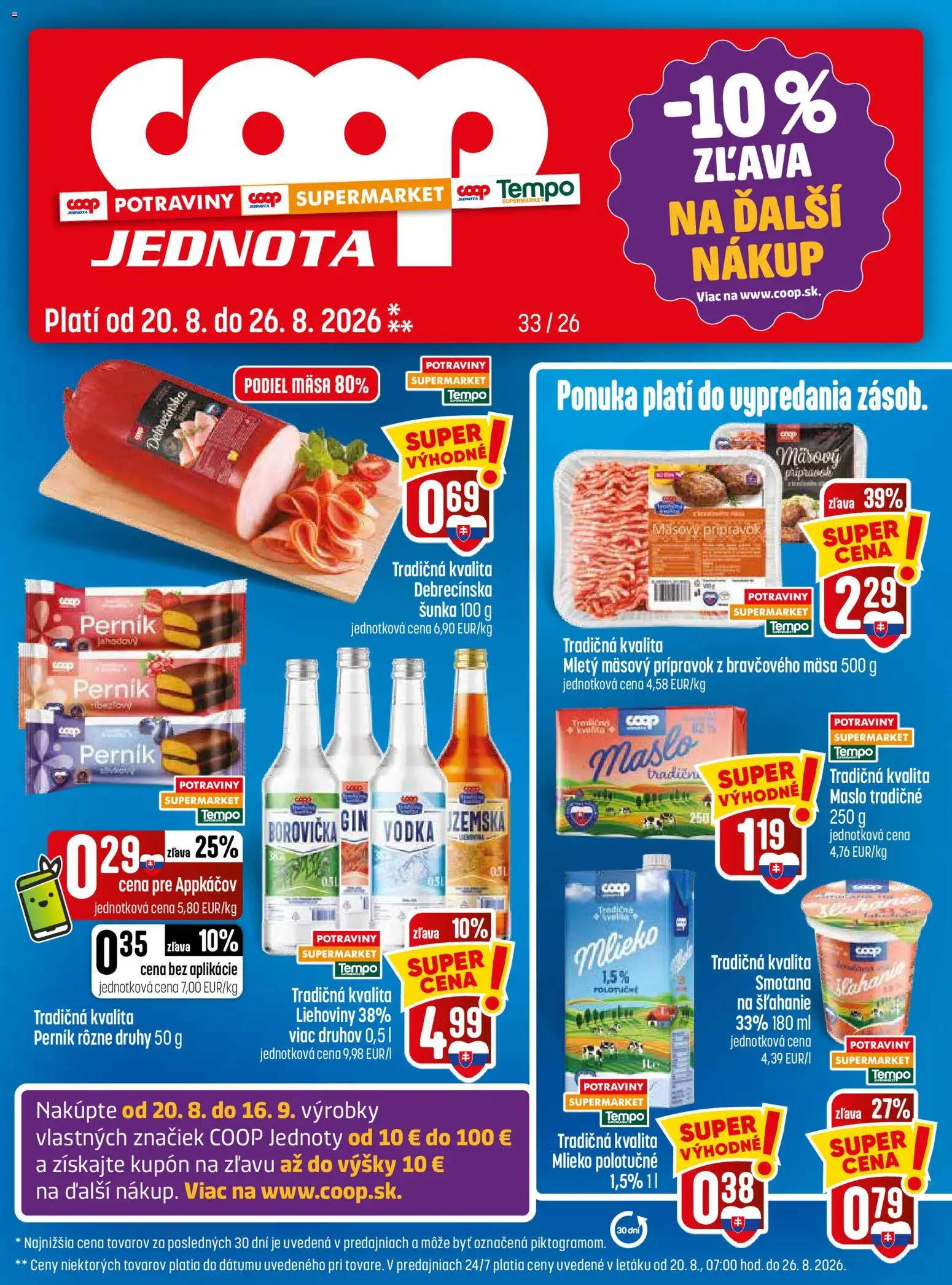 Nové COOP Jednota akcie – leták je platný od 20.08.2026 | Strana: 1 | Produkty: Maslo, Mlieko, Borovička, Mlieko polotučné