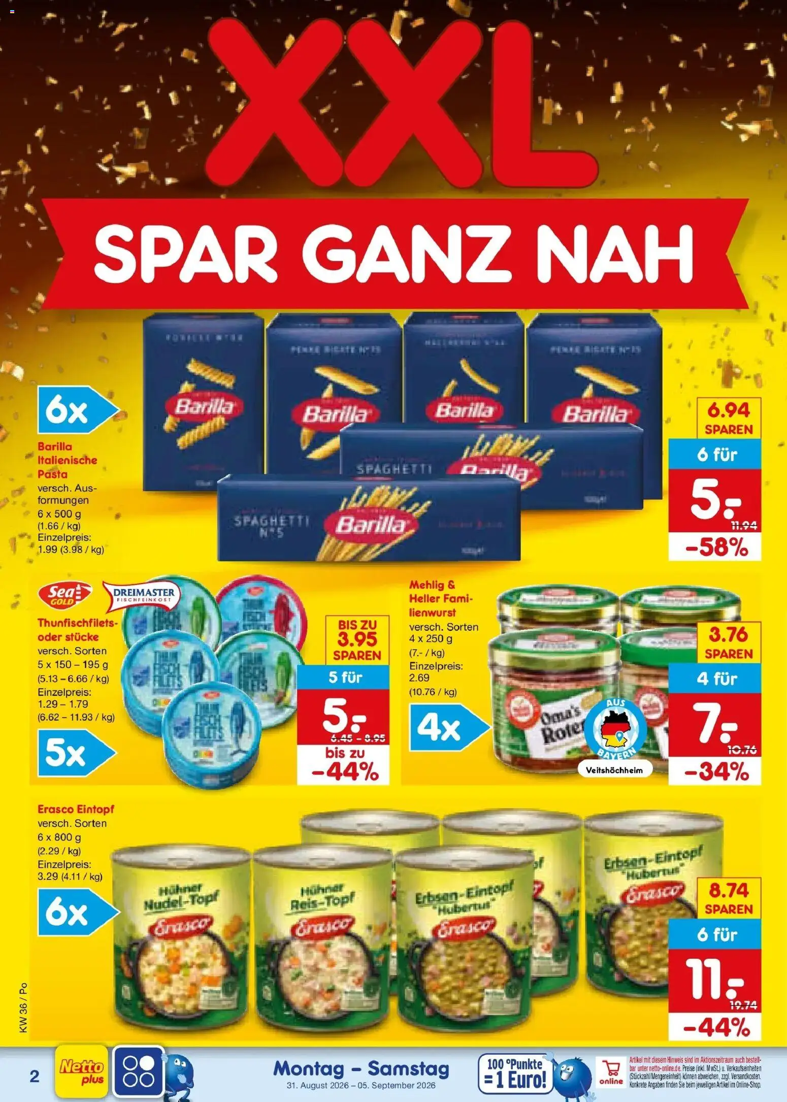Netto Marken-Discount Prospekt Selb (ab 31.08.2026) » Angebote | Seite: 4 | Produkte: Barilla, Spaghetti, Pasta, Erasco