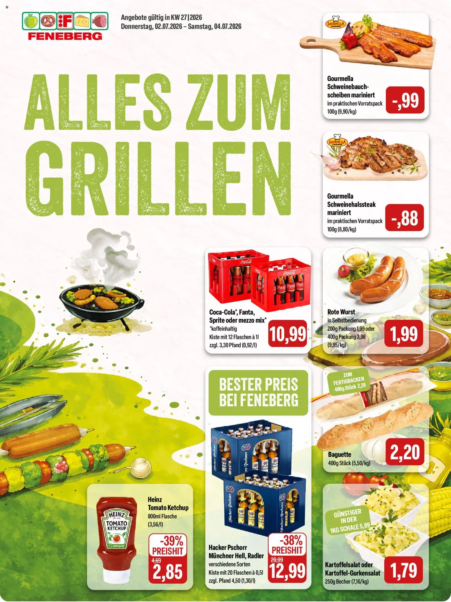 Feneberg Angebote – gültig ab 02.07.2026 | Seite: 1 | Produkte: Schweinebauch, Baguette, Wurst, Ketchup