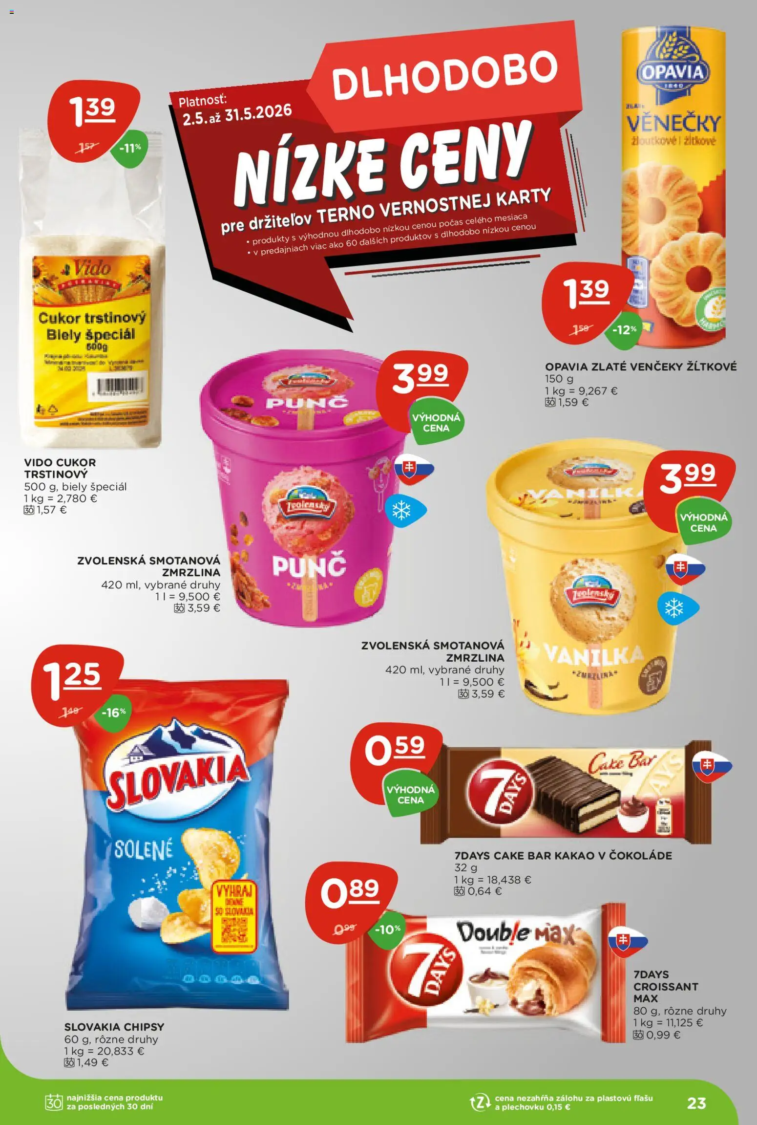 Nové Terno akcie – leták je platný od 07.05.2026 | Strana: 23 | Produkty: Croissant, Zmrzlina, Cukor, Kakao