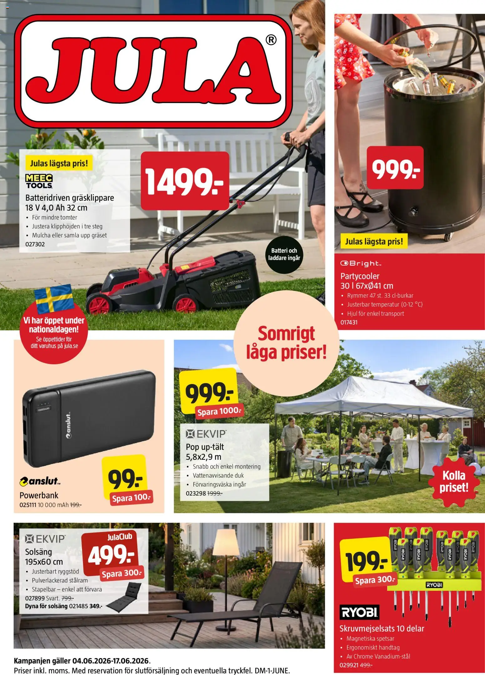 Jula reklamblad aktuell från 04.06.2026 | Sida: 1 | Produkter: Gräsklippare, Batteri, Laddare, Duk